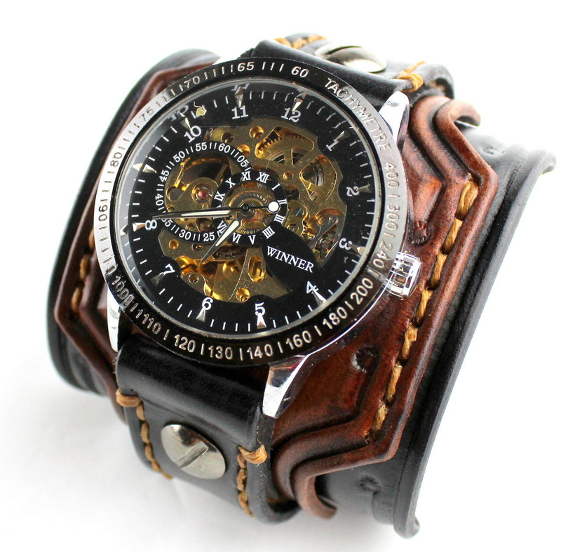 Black And Brown Men's Leather Watch Band With Steampunk Watch Face