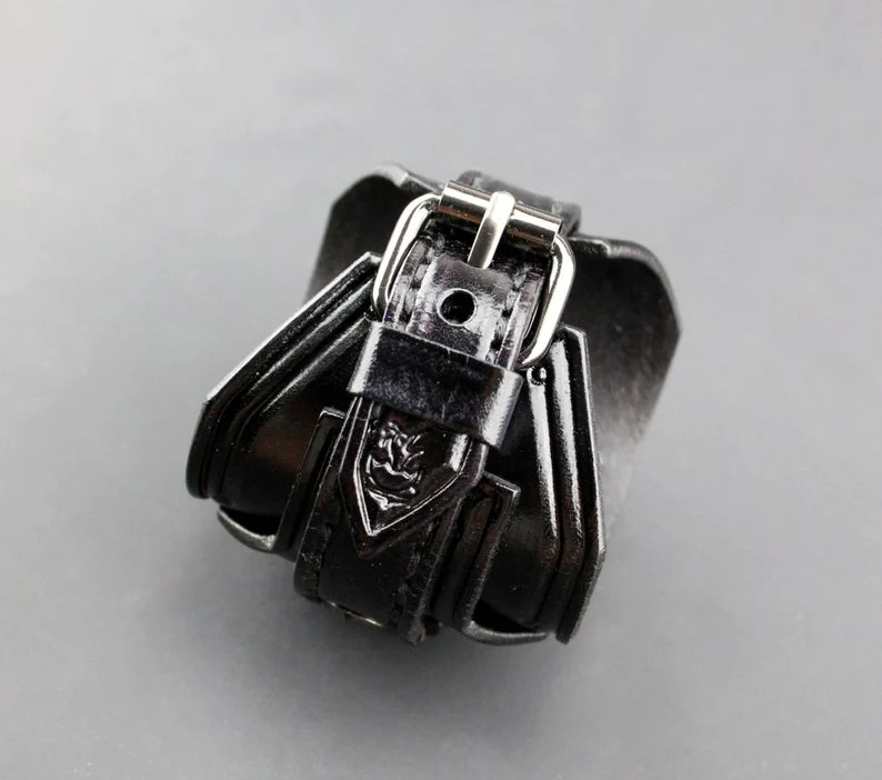 Black Steampunk Leather Cuff Watch