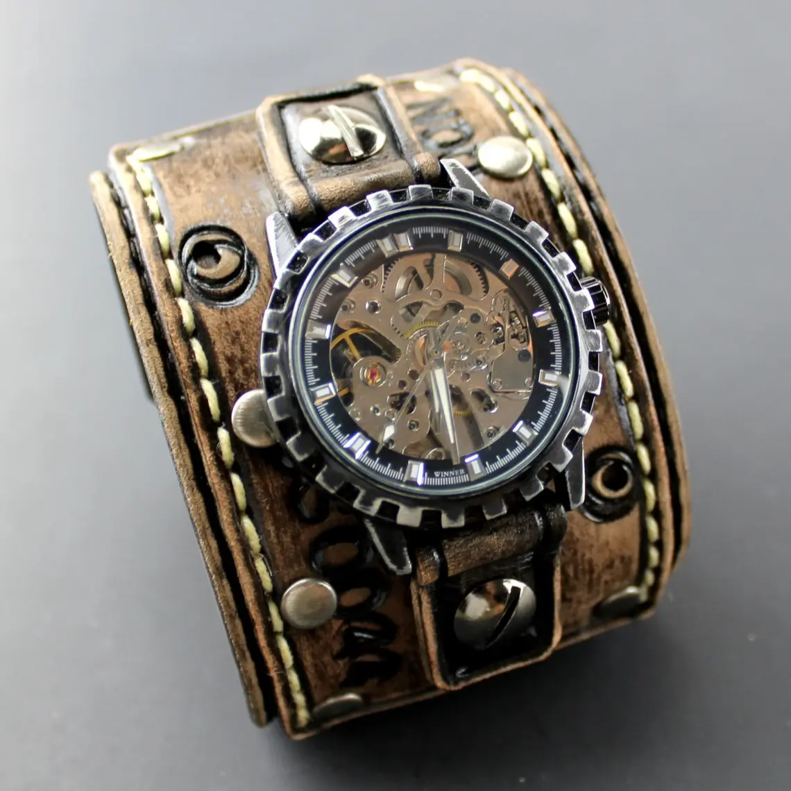 Men's Wide Leather Cuff Wrist Watch