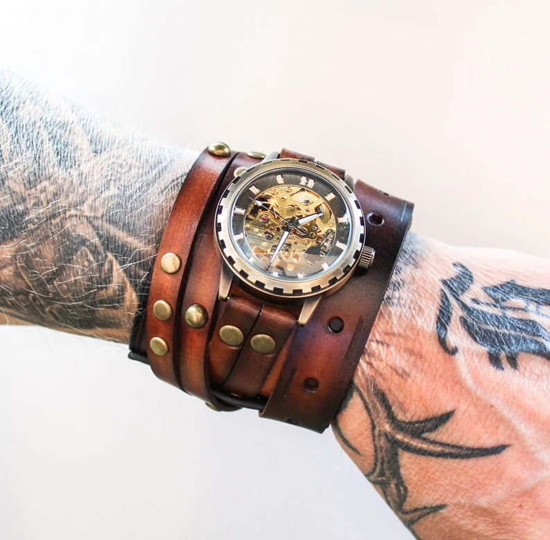 Men's Steampunk Leather Watch Cuff|Mechanical Watch