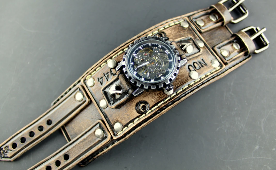 Men's Wide Leather Cuff Wrist Watch