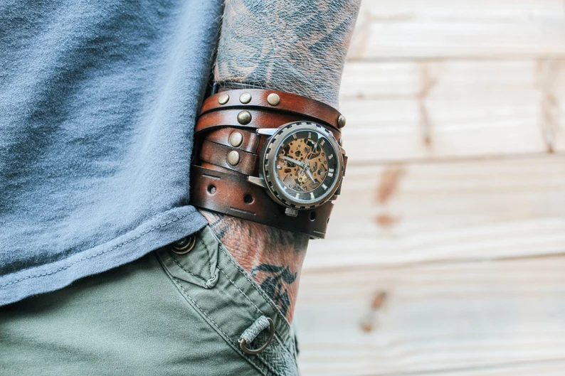 Men's Steampunk Leather Watch Cuff|Mechanical Watch