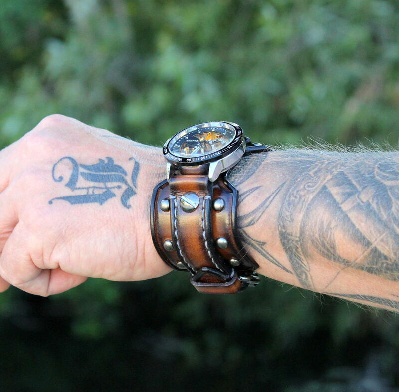 Steampunk Riveted Leather Cuff Watch In Aged Brown Color