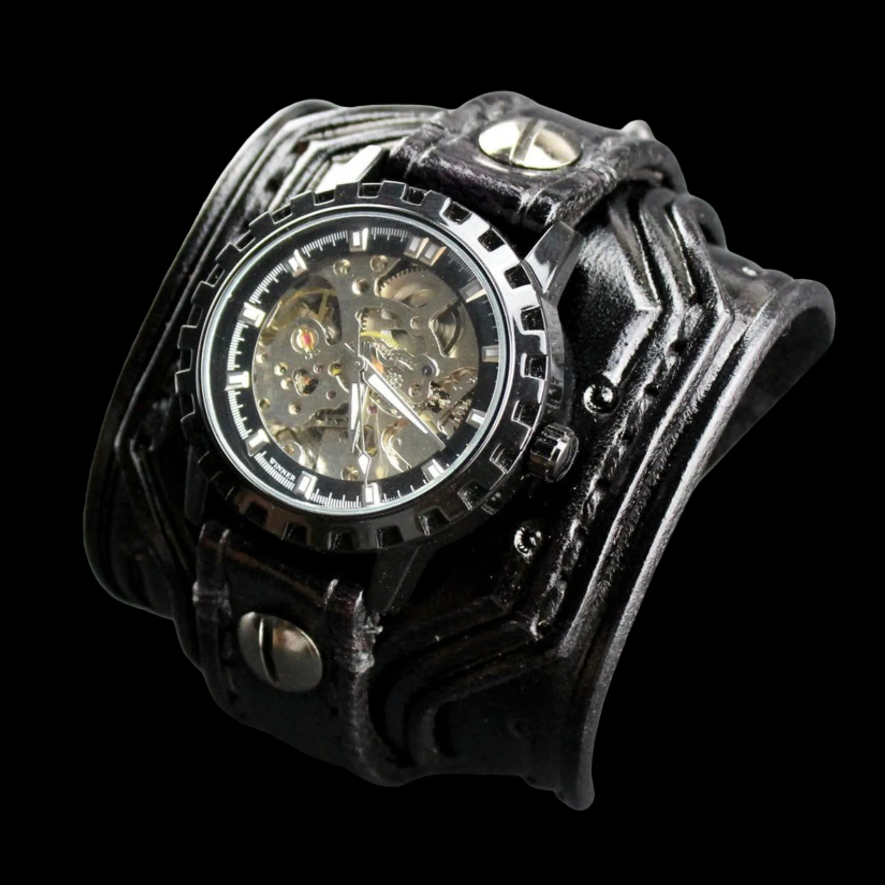 Black Steampunk Leather Cuff Watch