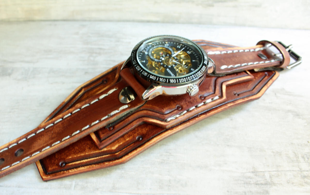 Leather Cuff Watch With Steampunk Watch