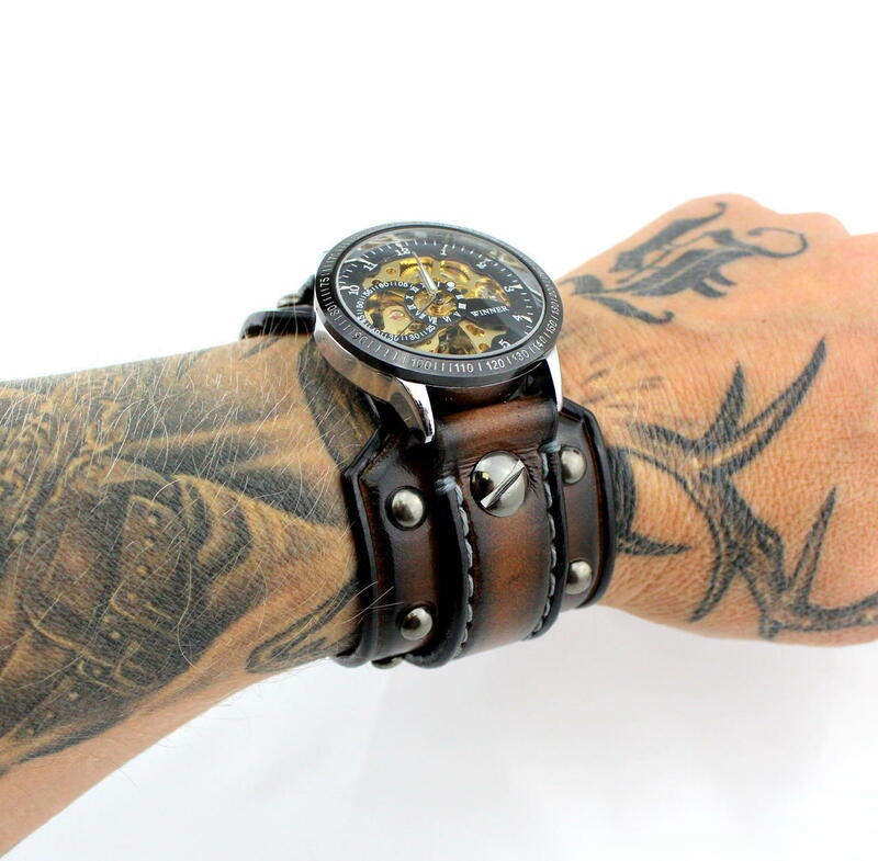 Steampunk Riveted Leather Cuff Watch In Aged Brown Color