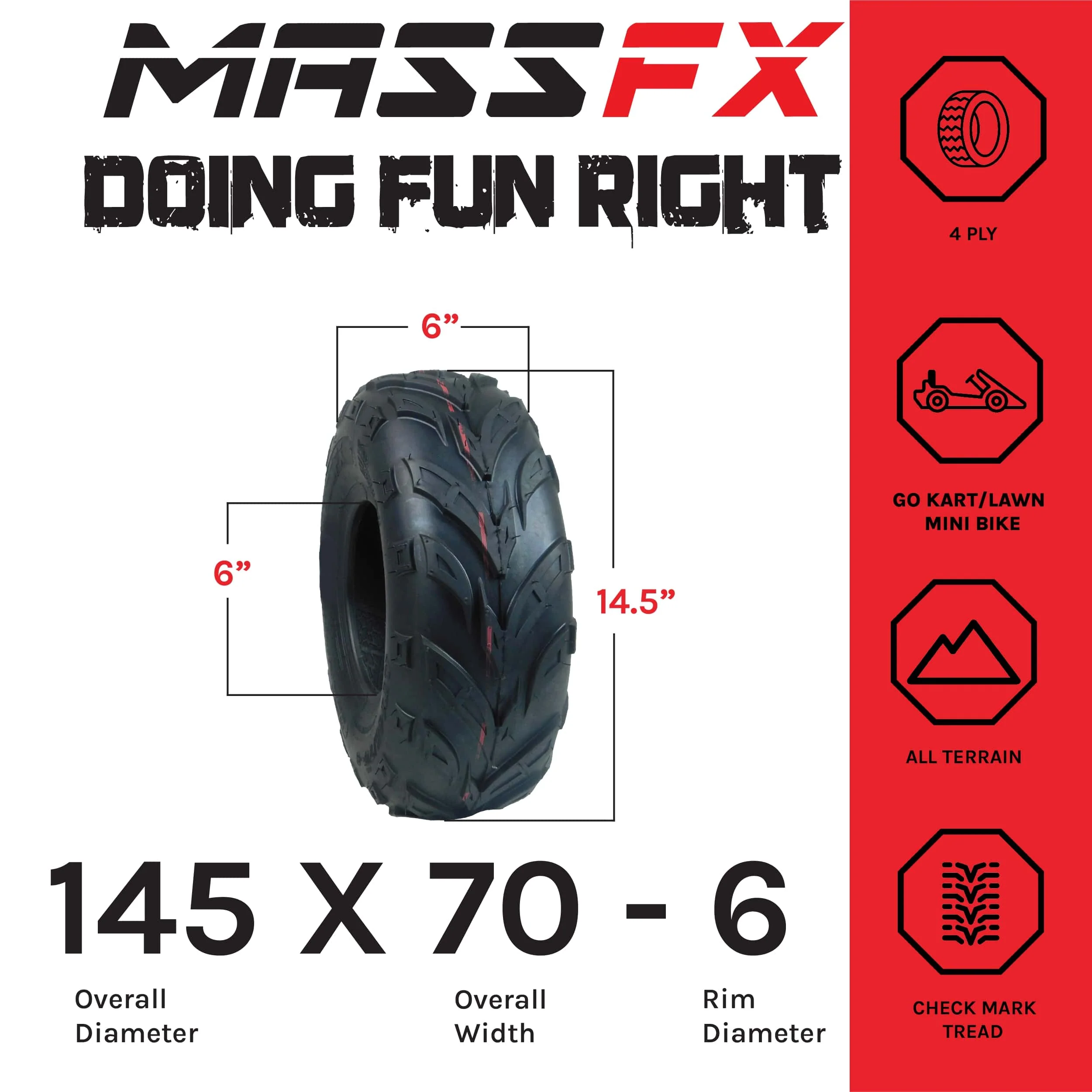 MASSFX Go Kart/ATV Tires 3 set 145x70-6 4Ply