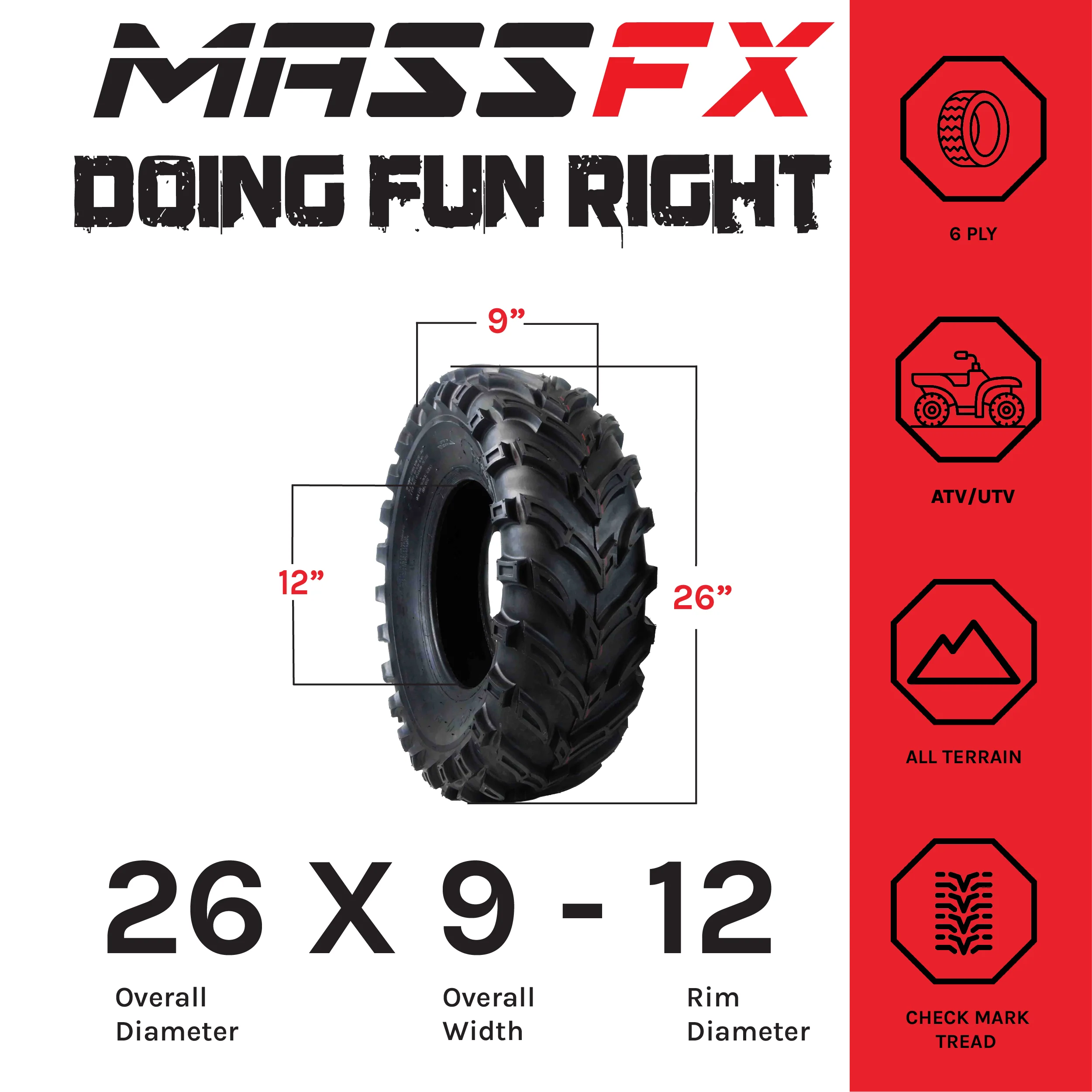 MASSFX MS26912 ATV MS Single Tire 26x9-12 Front 6Ply