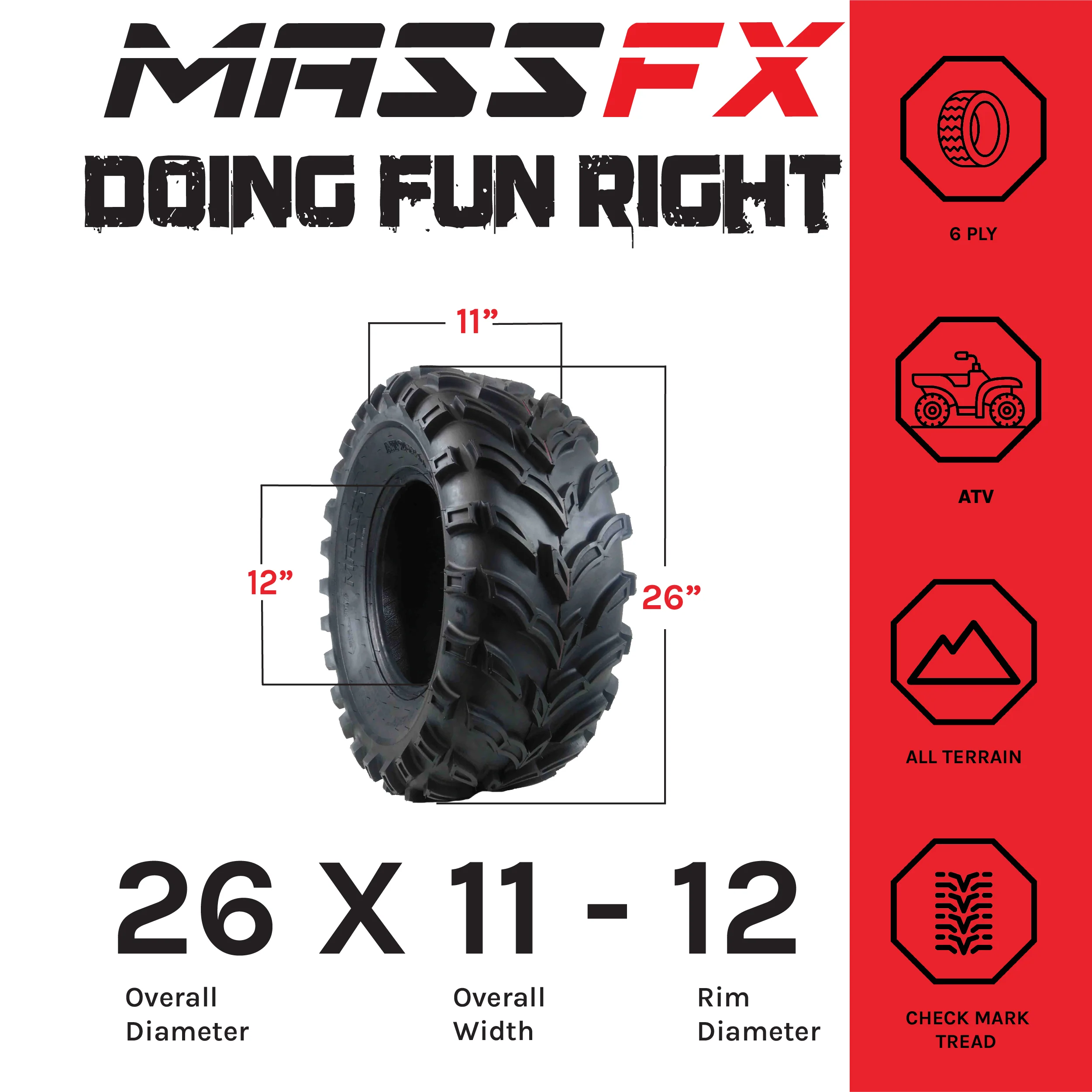 MASSFX MS261112 ATV MS Single Tire 26x11-12 Rear 6Ply
