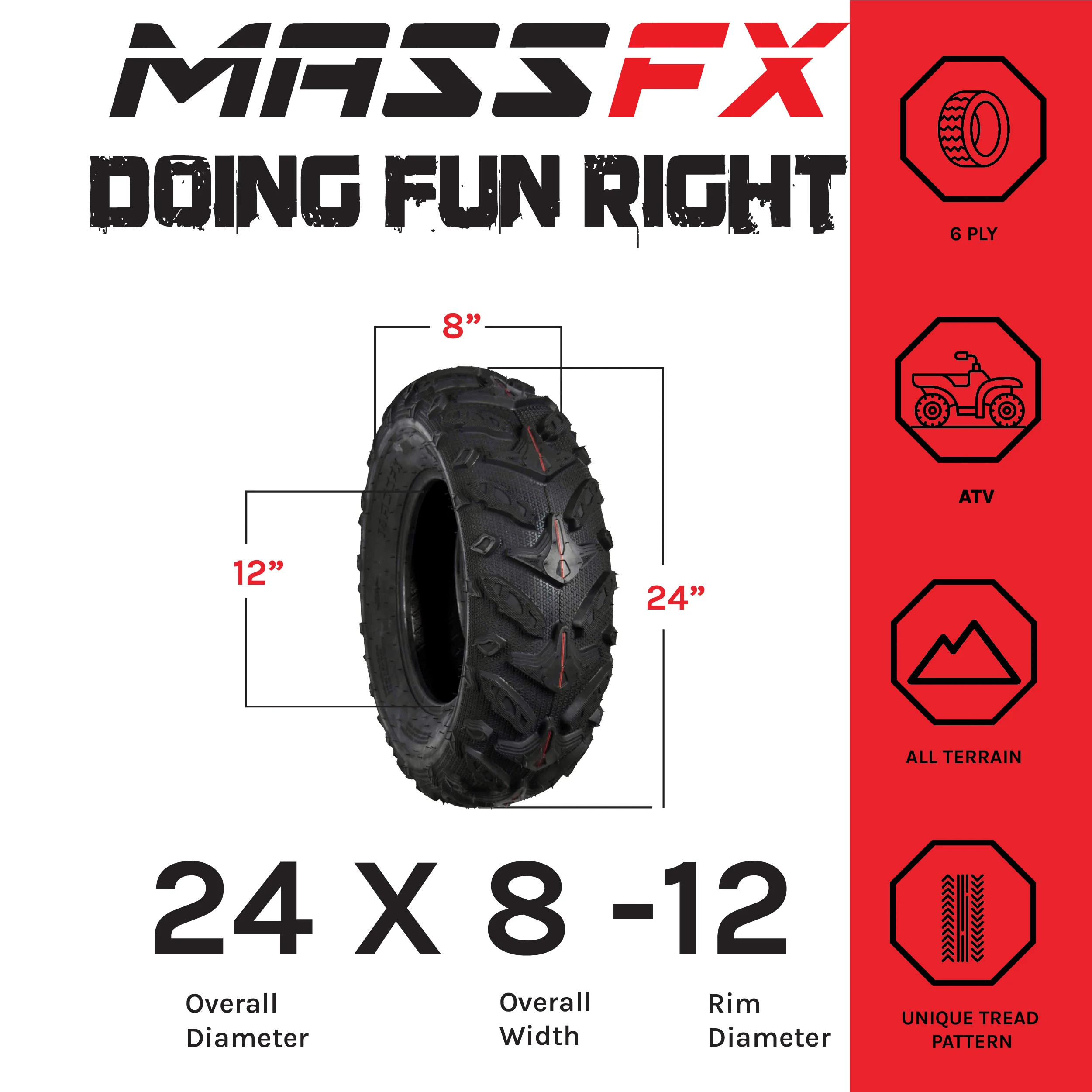 MASSFX Grinder 24x8-12 Front ATV Tire 6 Ply for Soft/Hard Pack Ground