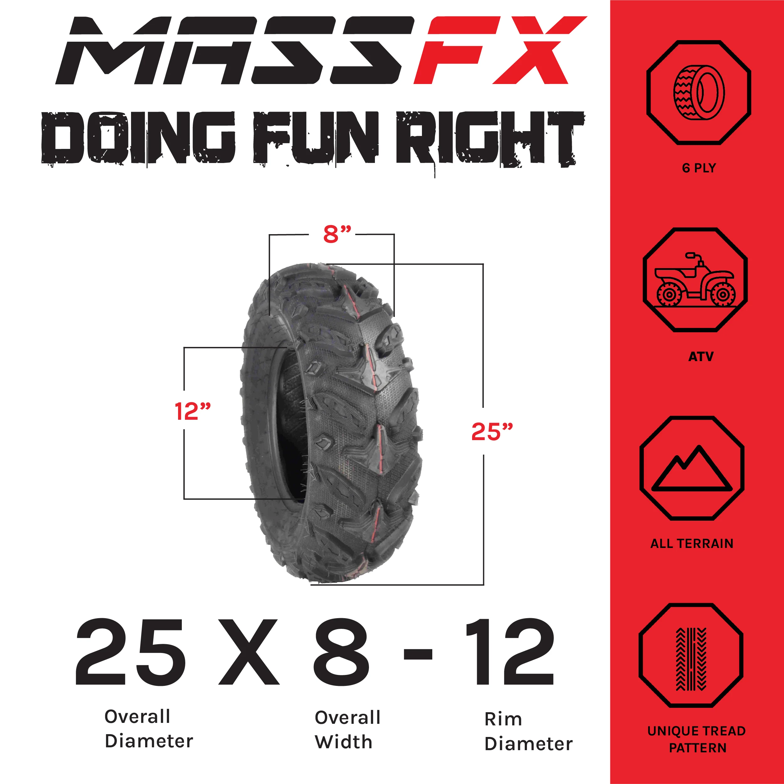 MASSFX Grinder 25x8-12 Front 25x10-12 Rear 4 Set ATV Tires Dual Compound  6-Ply