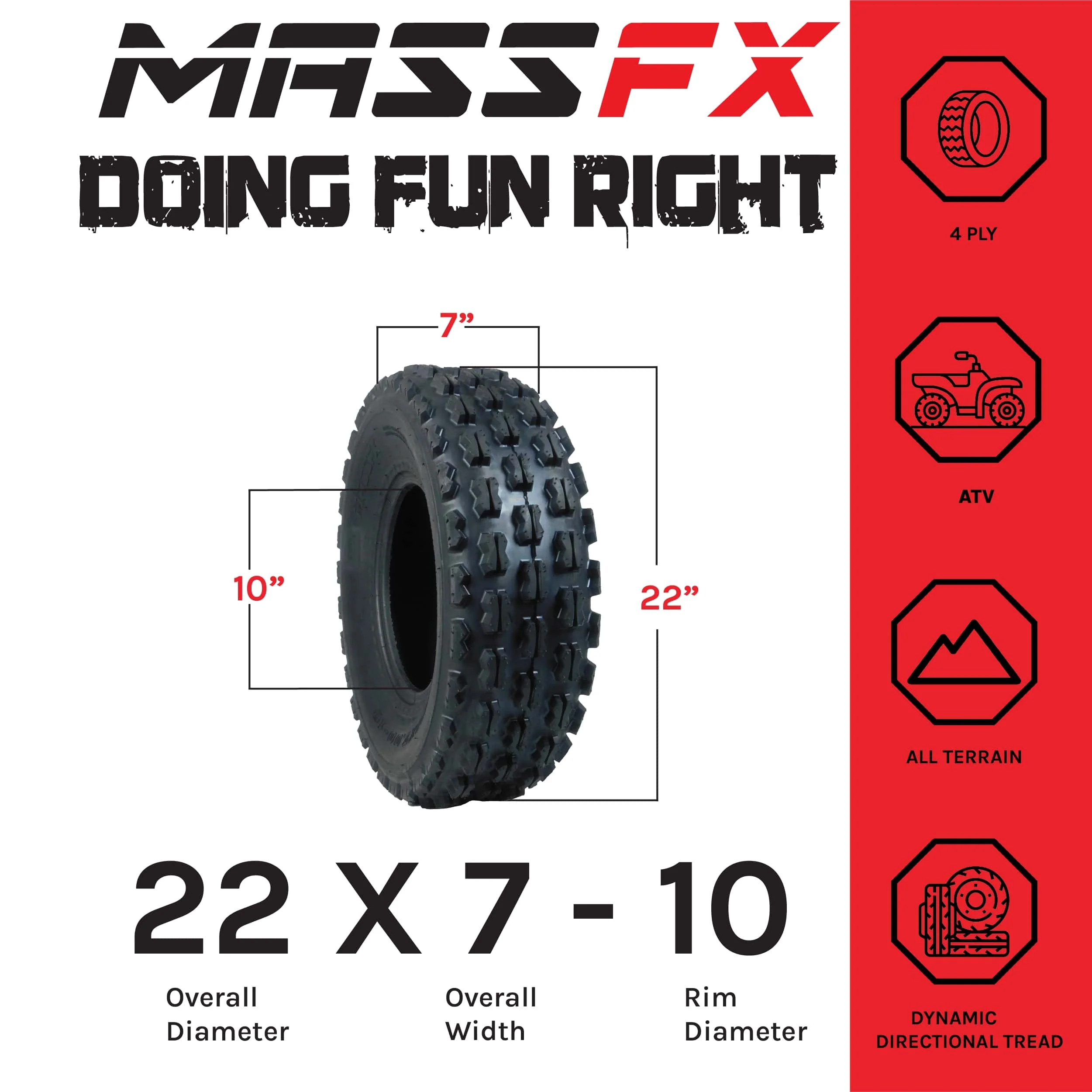 MASSFX ATV Single Tire 22x7-10 Front 4Ply 22inch
