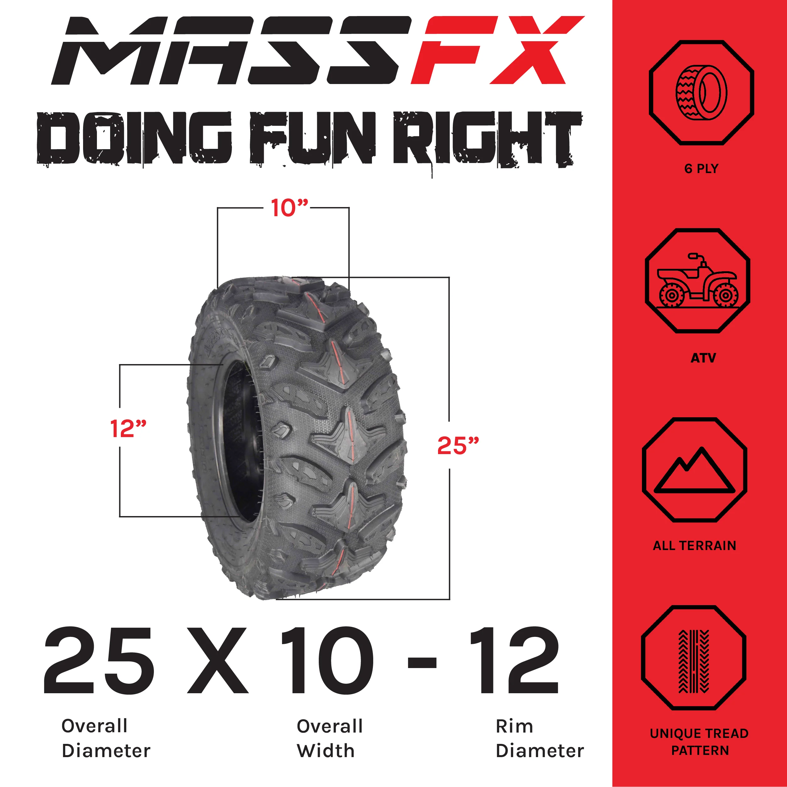 MASSFX Grinder 25x10-12 Rear ATV Tire 6 Ply for Soft/Hard Pack Ground