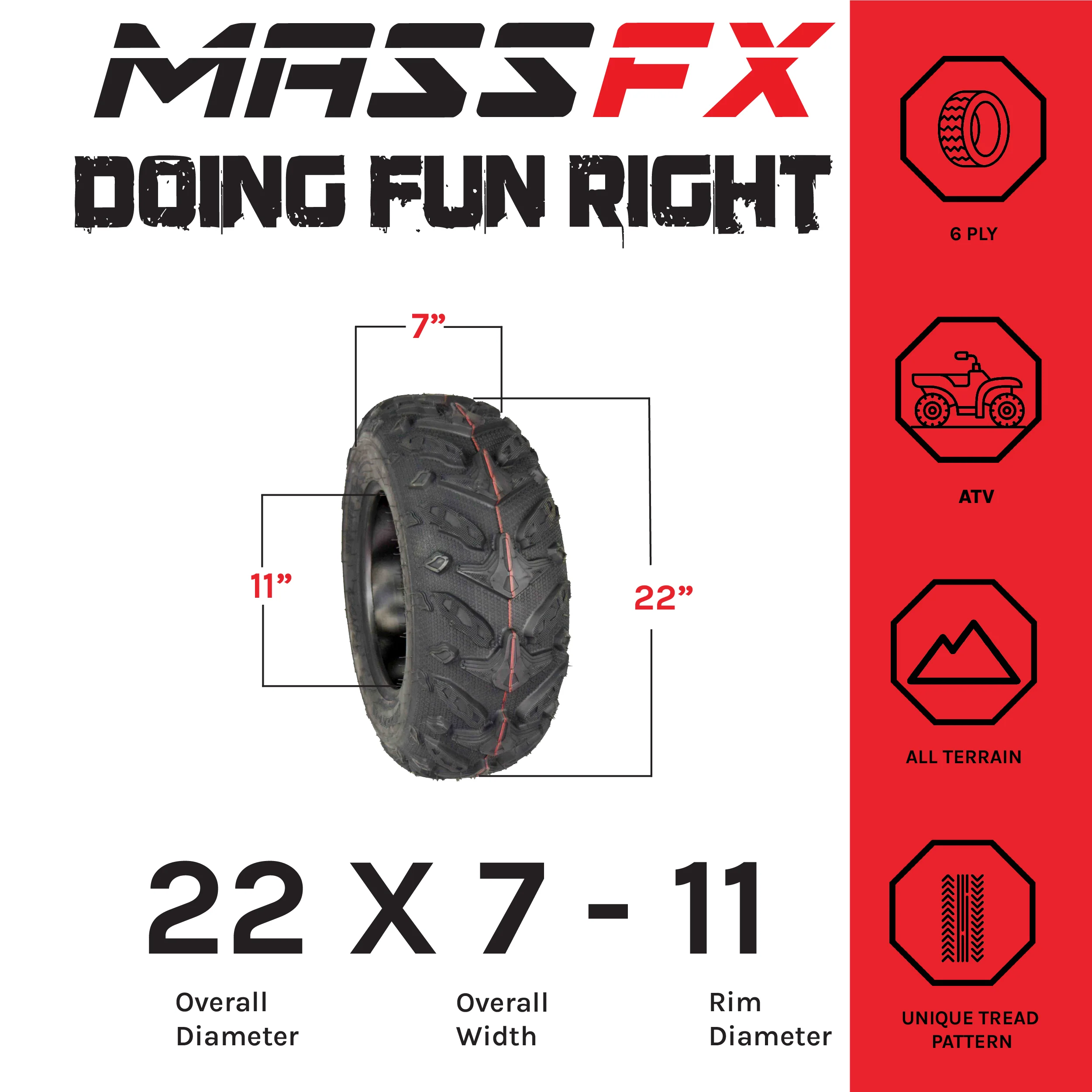 MASSFX Grinder 22x7-11 22x10-9 Front & Rear ATV Tire Set 6 Ply (4 Pack)