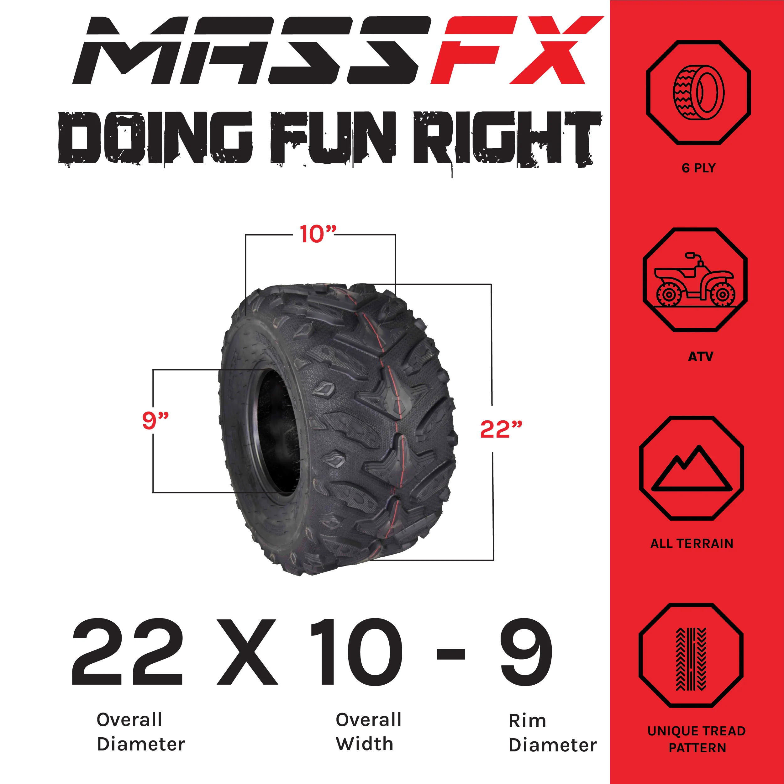 MASSFX Grinder 22x10-9 Rear ATV Tire 6 Ply for Soft/Hard Pack Ground