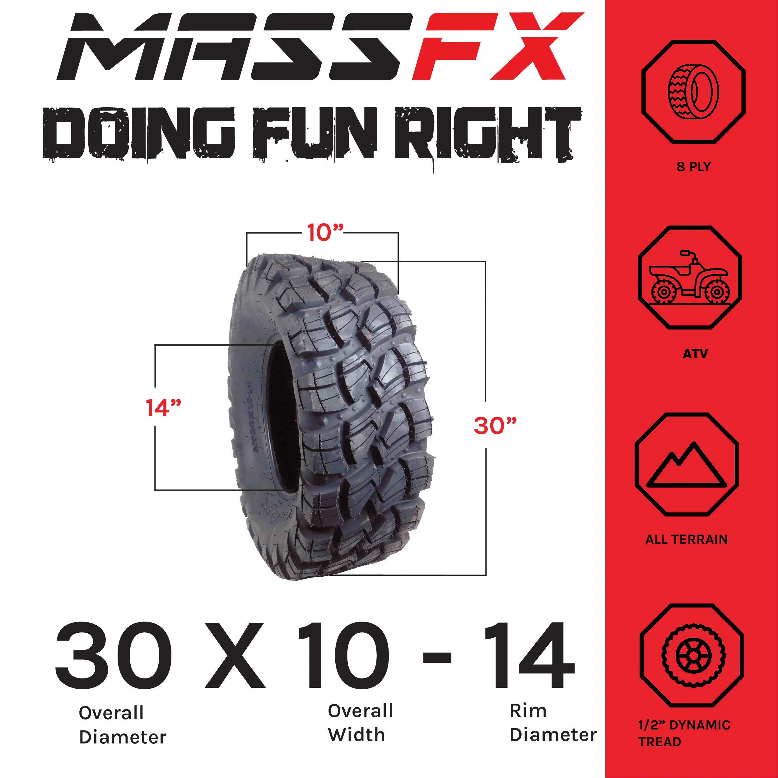 MASSFX 30x10-14 Single ATV Tire Durable 8 ply 30x10x14 30x10/14