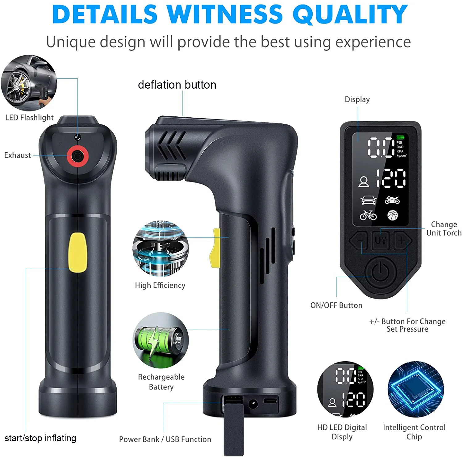 Tire Inflator Portable Air Compressor Cordless Rechargeable