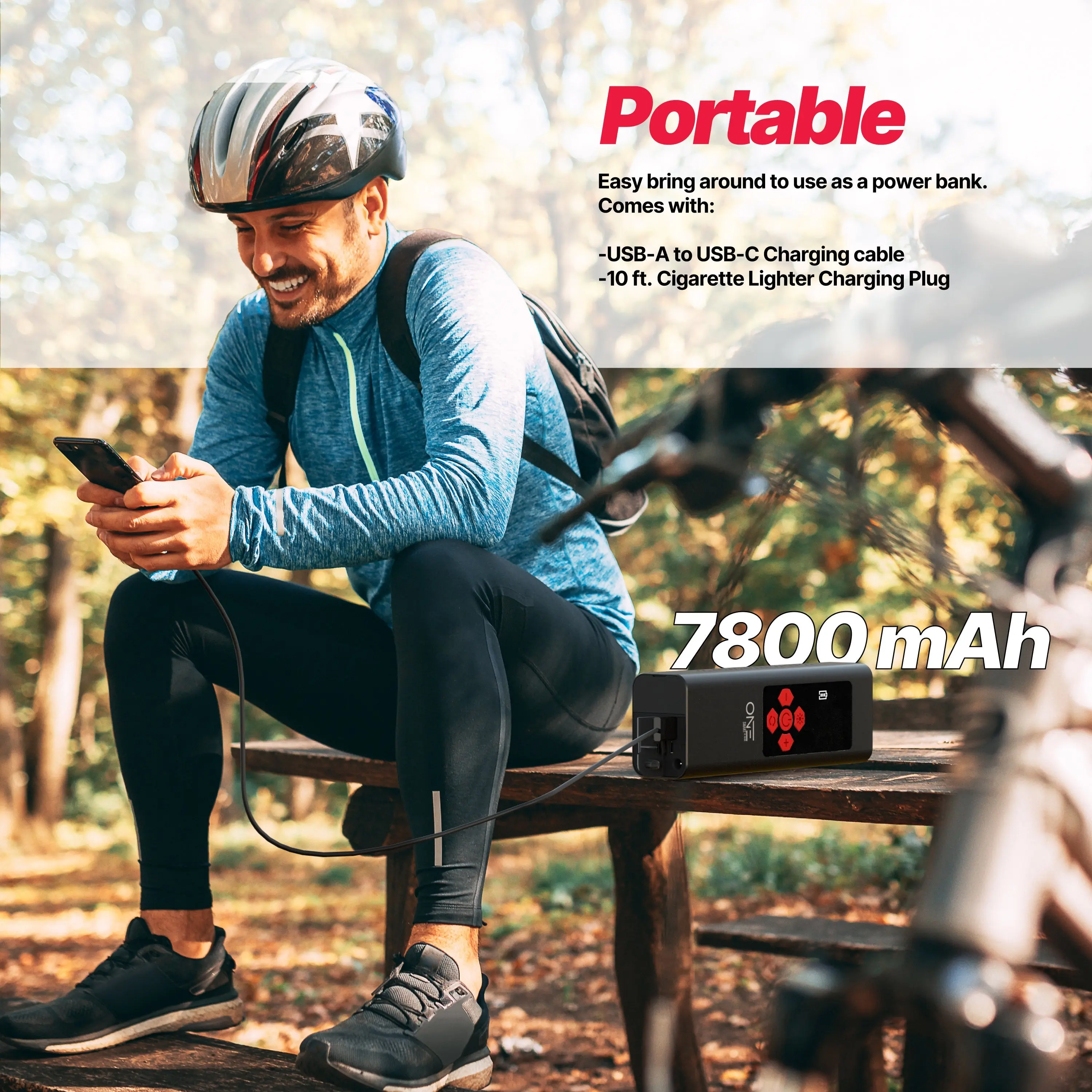 ONE Tire Inflator Portable Air Compressor,150PSI Portable Air Pump, Accurate Pressure LCD Display, Digital Electric Tire Pump for Cars, Bikes, Motor Bikes and Balls, Long Lasting 7800mAh/11.1V battery