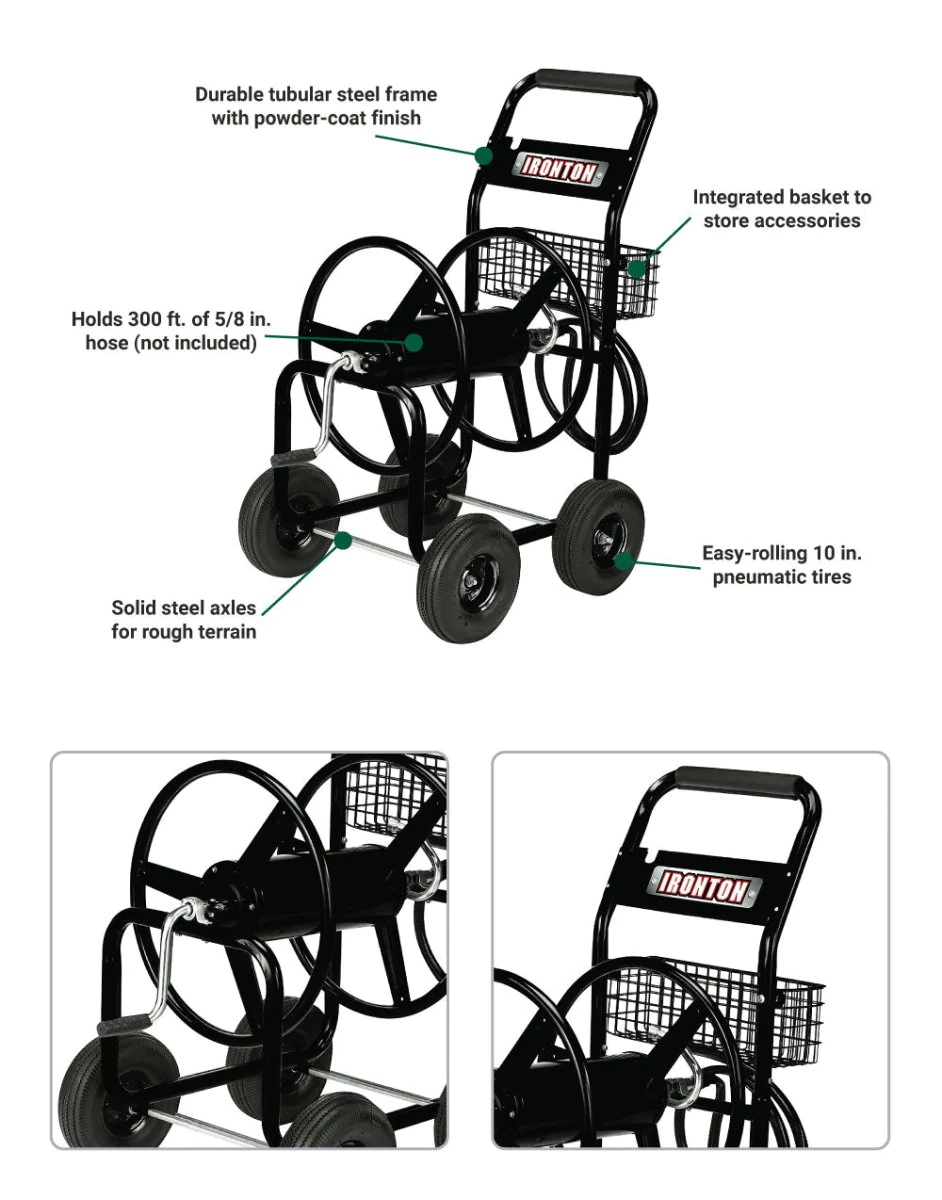 Ironton Hose Reel Cart | Holds 5/8 In. x 300 Ft. Hose | 10-In. Pneumatic Tires