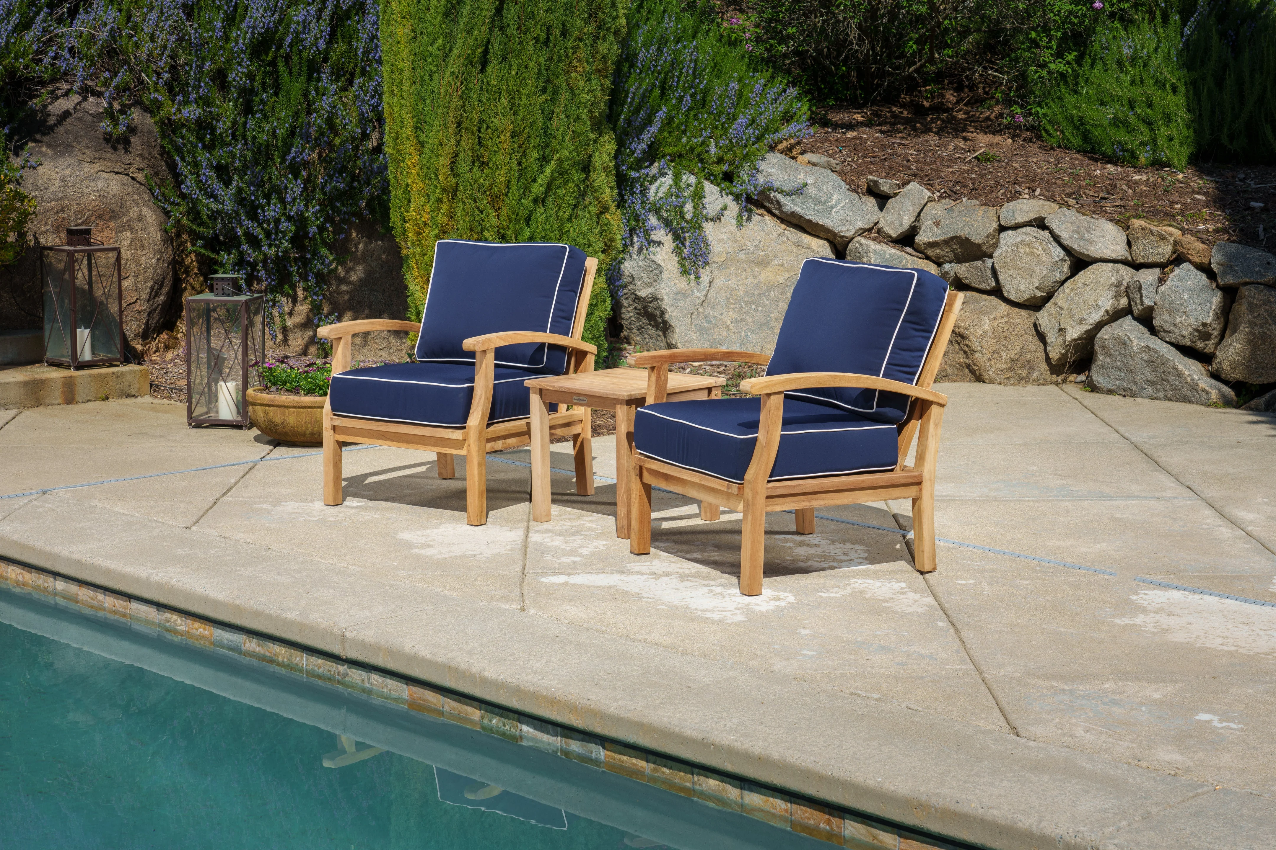 Tortuga Outdoor 3-Piece Indonesian Teak Club Chair Set -  Sunbrella Canvas Natural or Navy
