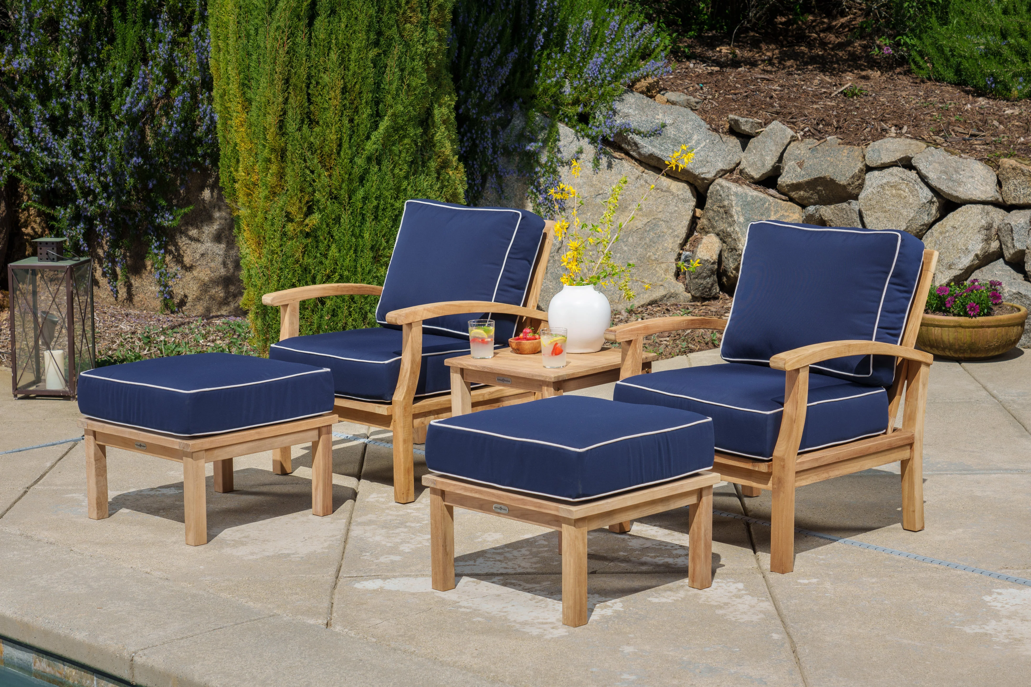 Tortuga Outdoor 5-Piece Indonesian Teak Club Chair Set -  Sunbrella Canvas Natural or Navy