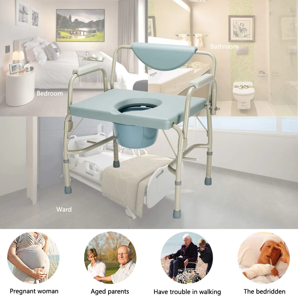 OMECAL 550lbs Heavy Duty Drop Arm Medical Homecare Toilet Seat With Safety Steel Frame Bedside Commode Chair Adjustable Height