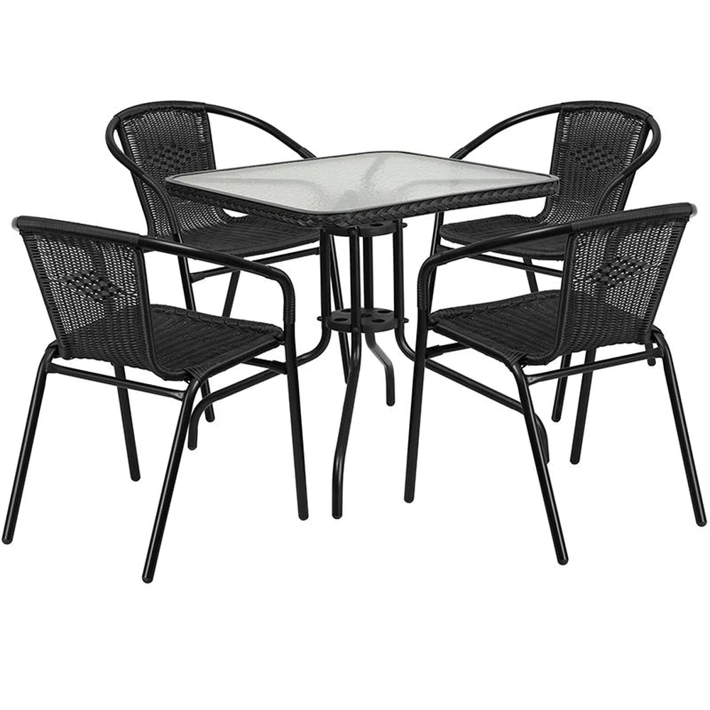 28'' Square Glass Metal Table with Rattan Edging and 4 Rattan Stack Chairs