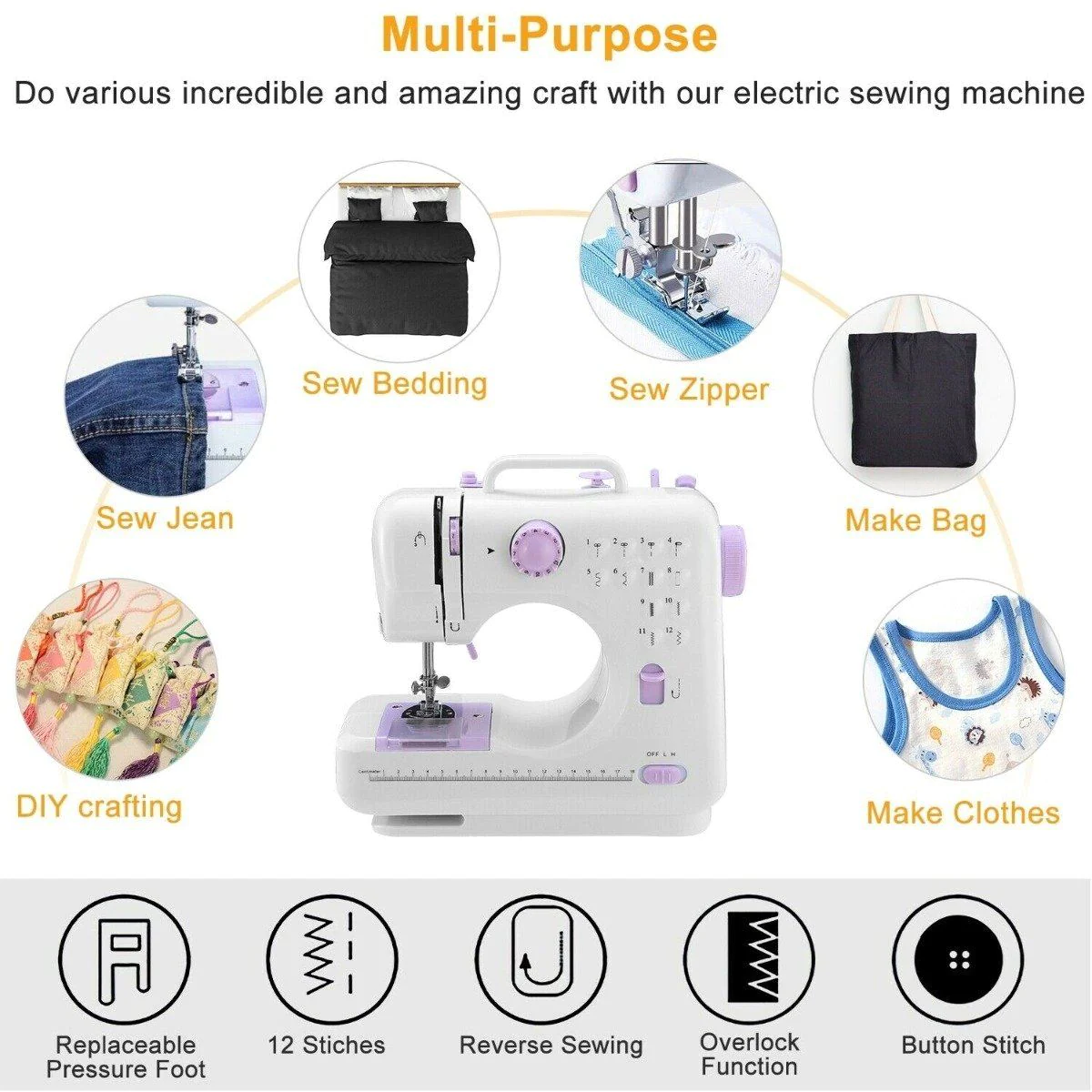 Electric Sewing Machine 12 Stitches with Foot Pedal