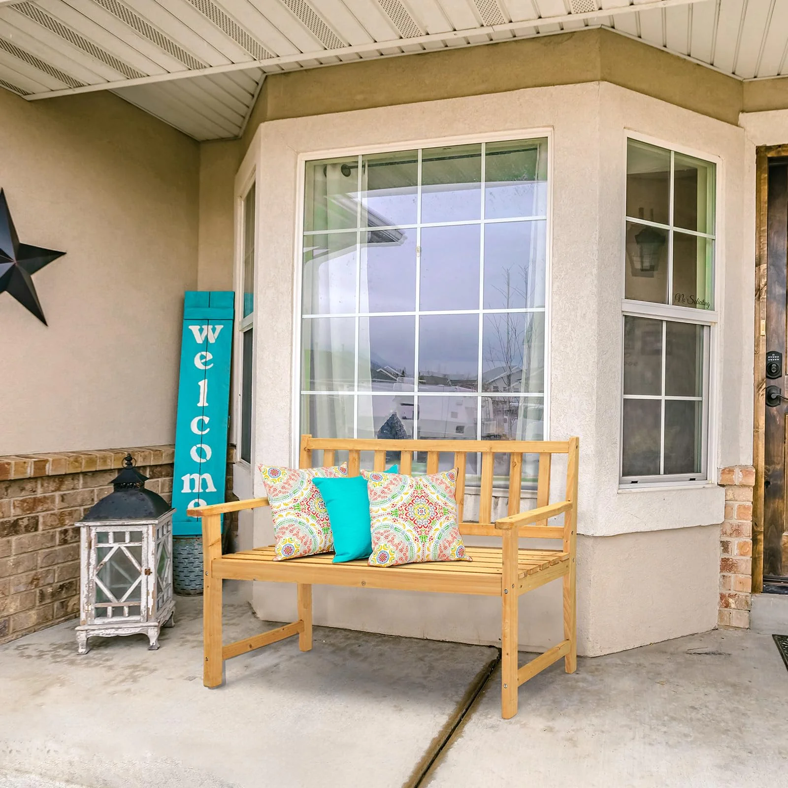 VINGLI 47 Inch Natural Porch Wood Bench for 2 People Patio Outdoor Bench