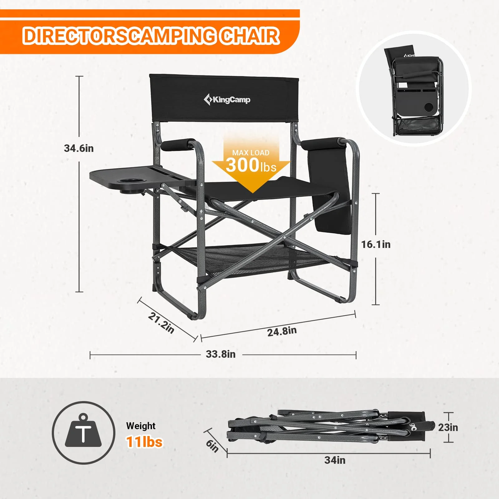 KingCamp Camping Directors Chairs with Side Table and Storage Pockets