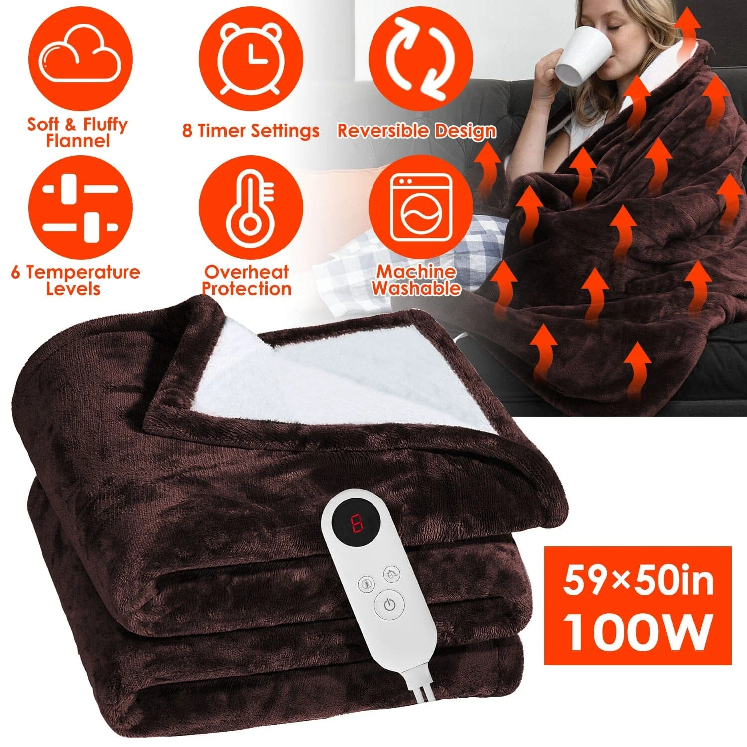 Electric Heated Flannel Throw Blanket