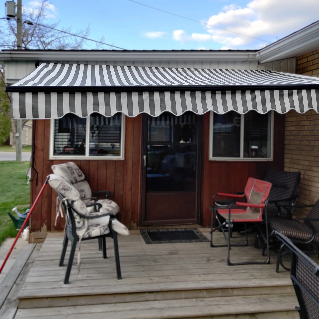 Aleko Retractable Black Frame Patio Awning 13 x 10 Feet - Gray and White Stripes