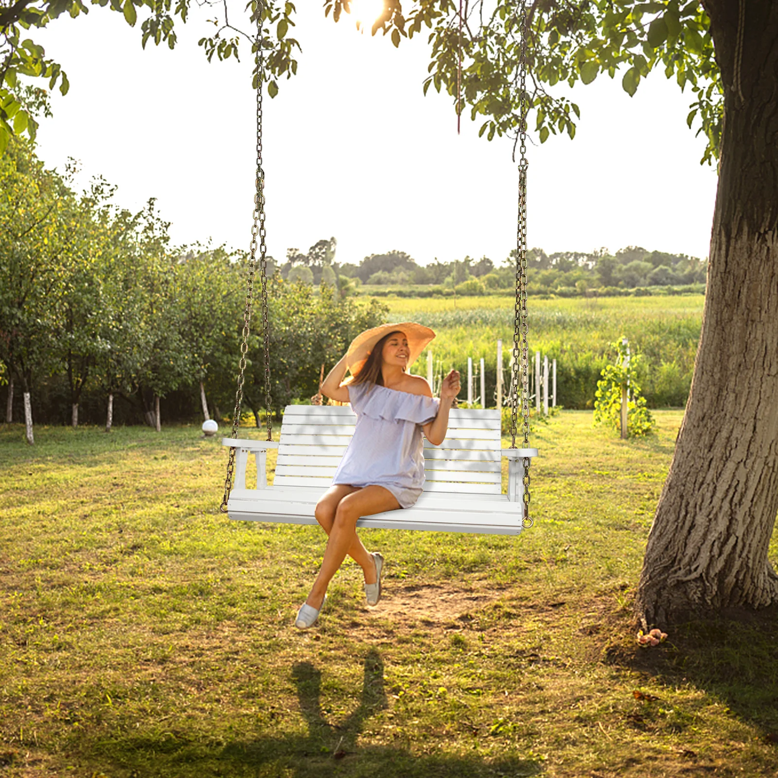 VINGLI 4FT Upgraded Wooden Porch Swing Outdoor Patio Chair Hanging Chair White/Natural/Black/Brown