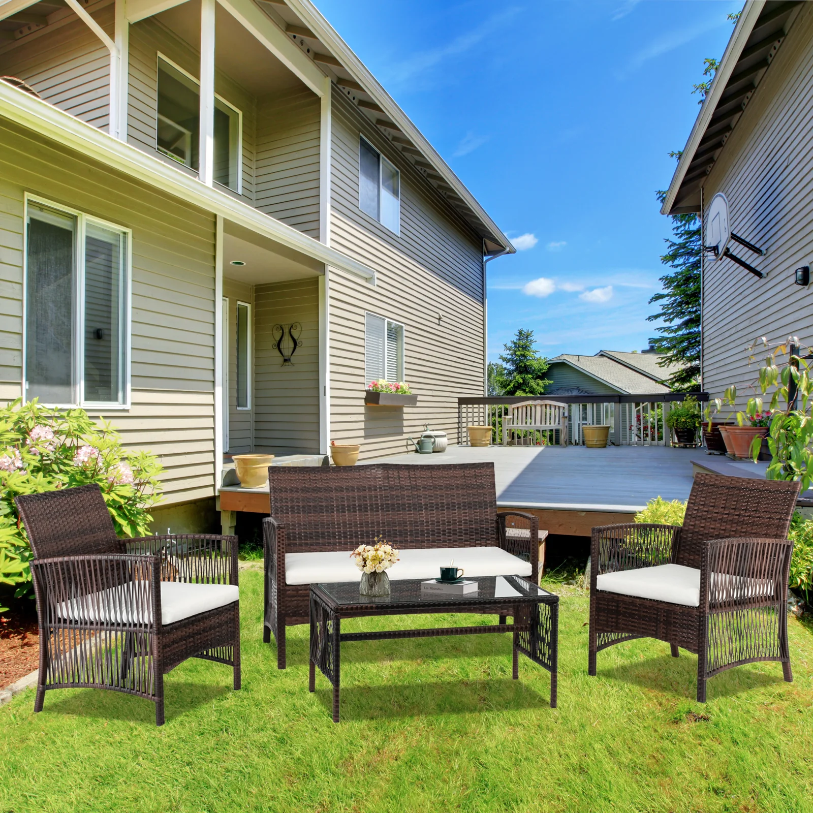 VINGLI 4 PCS Wicker Outdoor Patio Conversation Sets