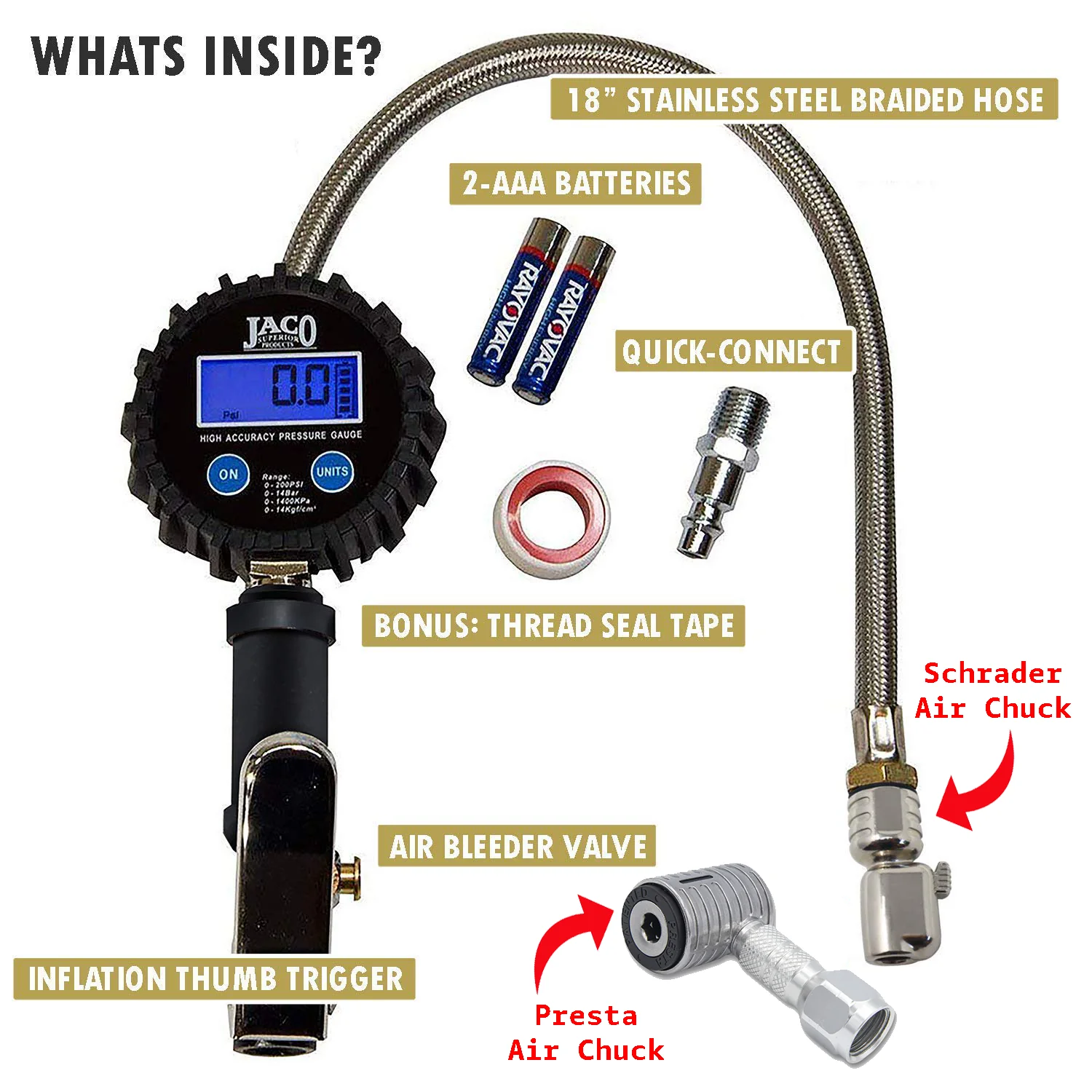 FlowPro Bike Tire Inflator with Gauge - 200 PSI | with Lock-on Presta + Schrader Air Chucks (Bundle)