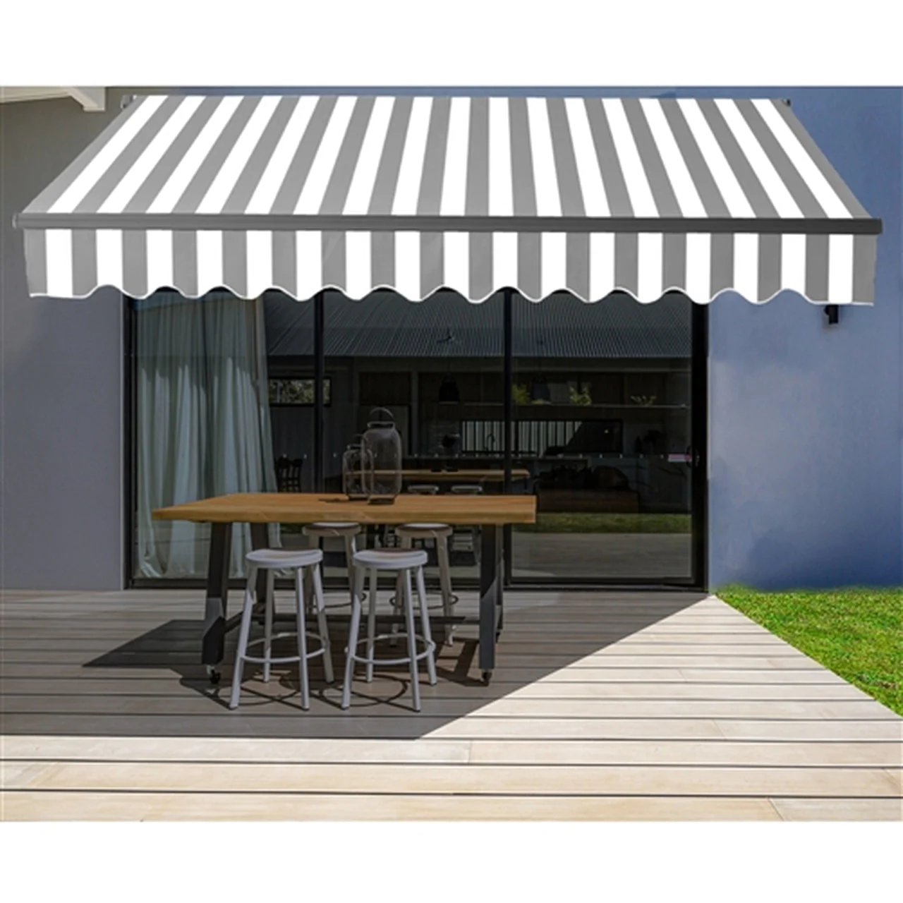 Aleko Motorized Retractable Black Frame Patio Awning 13 x 10 Feet - Gray and White Stripes