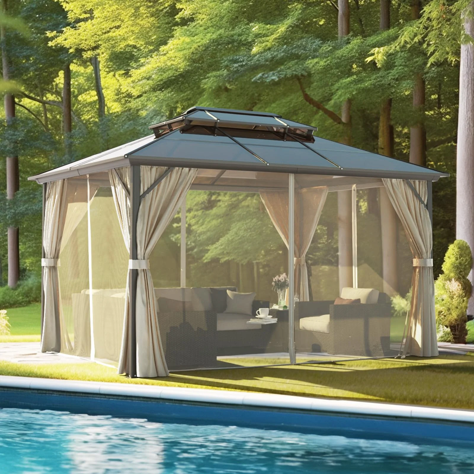 VINGLI 10'x13' Hardtop Gazebo Patio Outdoor Gazebo with Curtains and Netting Double Roof Canopy Garden Gazebo