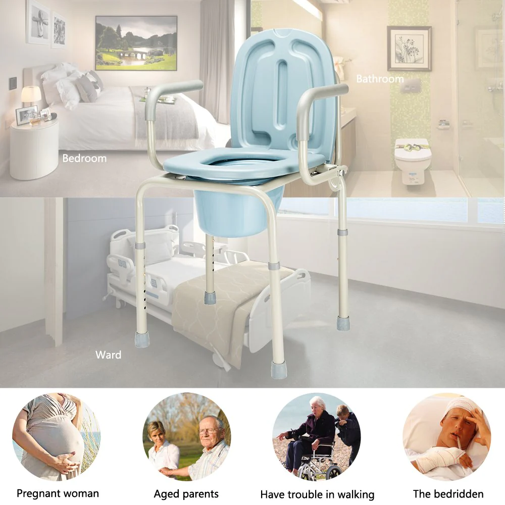 OMECAL 450lbs Medical Bedside Commode Chair Homecare Toilet Seat Adjustable Height with Safety Steel Frame