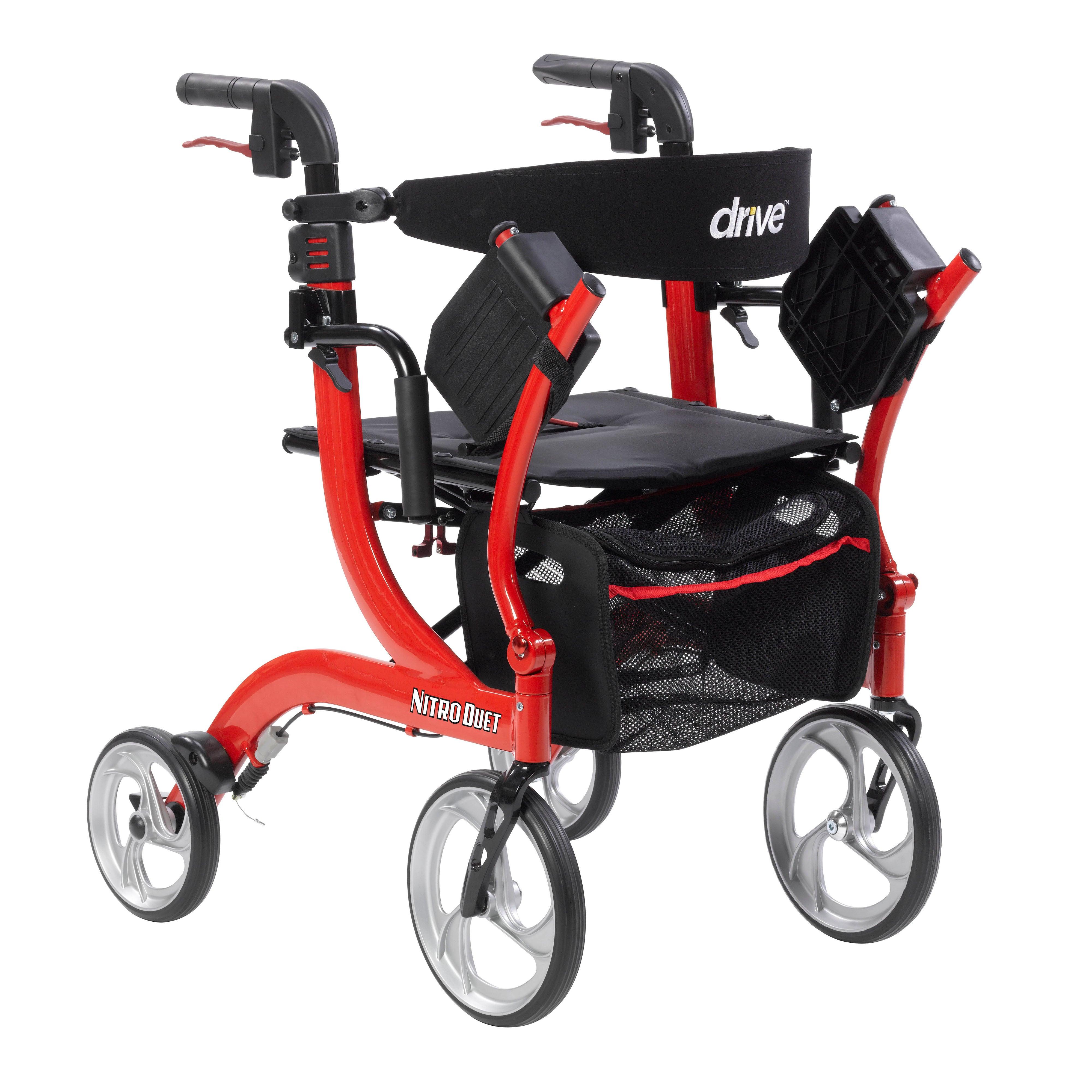 Drive Medical Nitro Duet Dual Function Transport Wheelchair and Rollator Rolling Walker - Red
