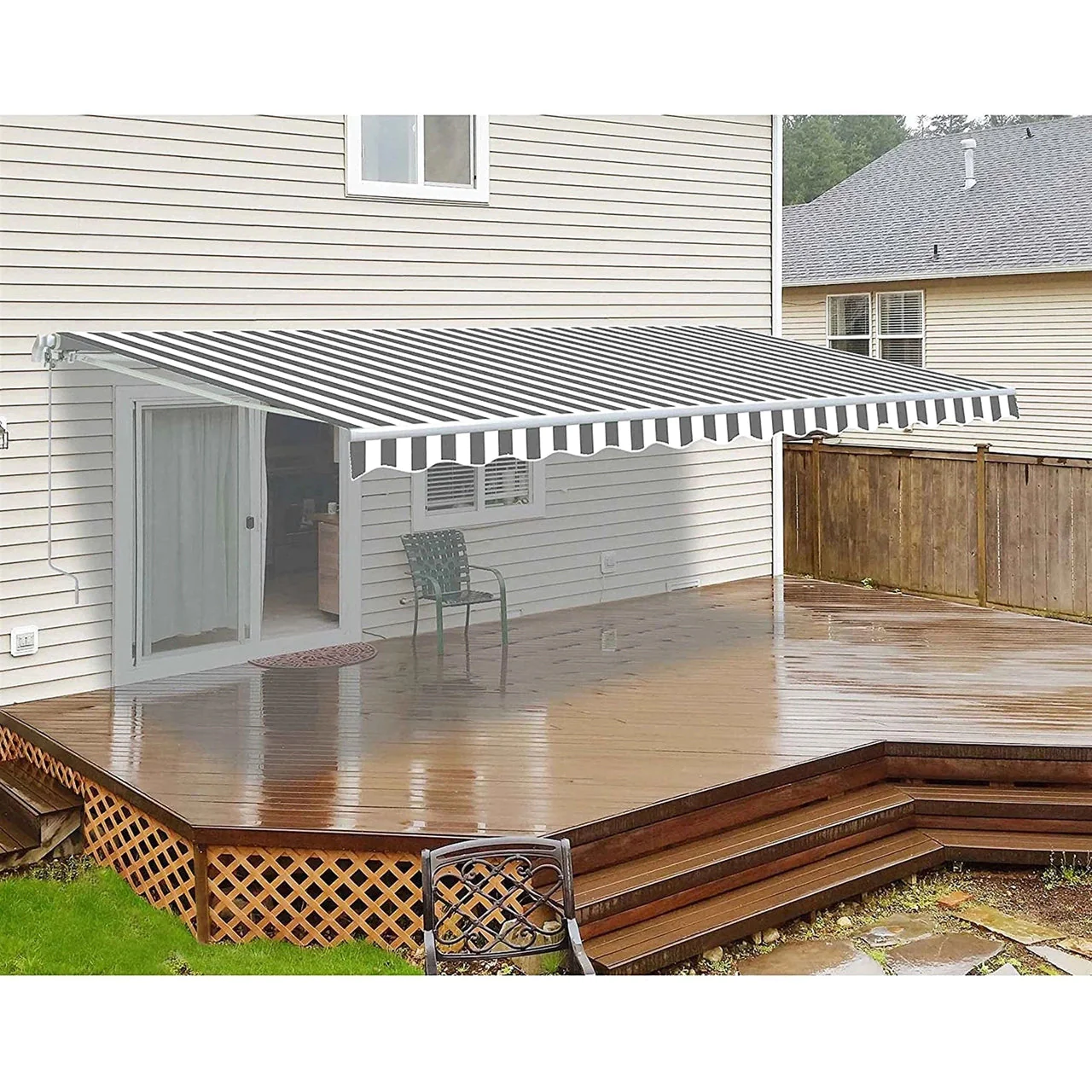 Aleko Motorized Retractable White Frame Patio Awning - 16 x 10 Feet - Gray and White Striped