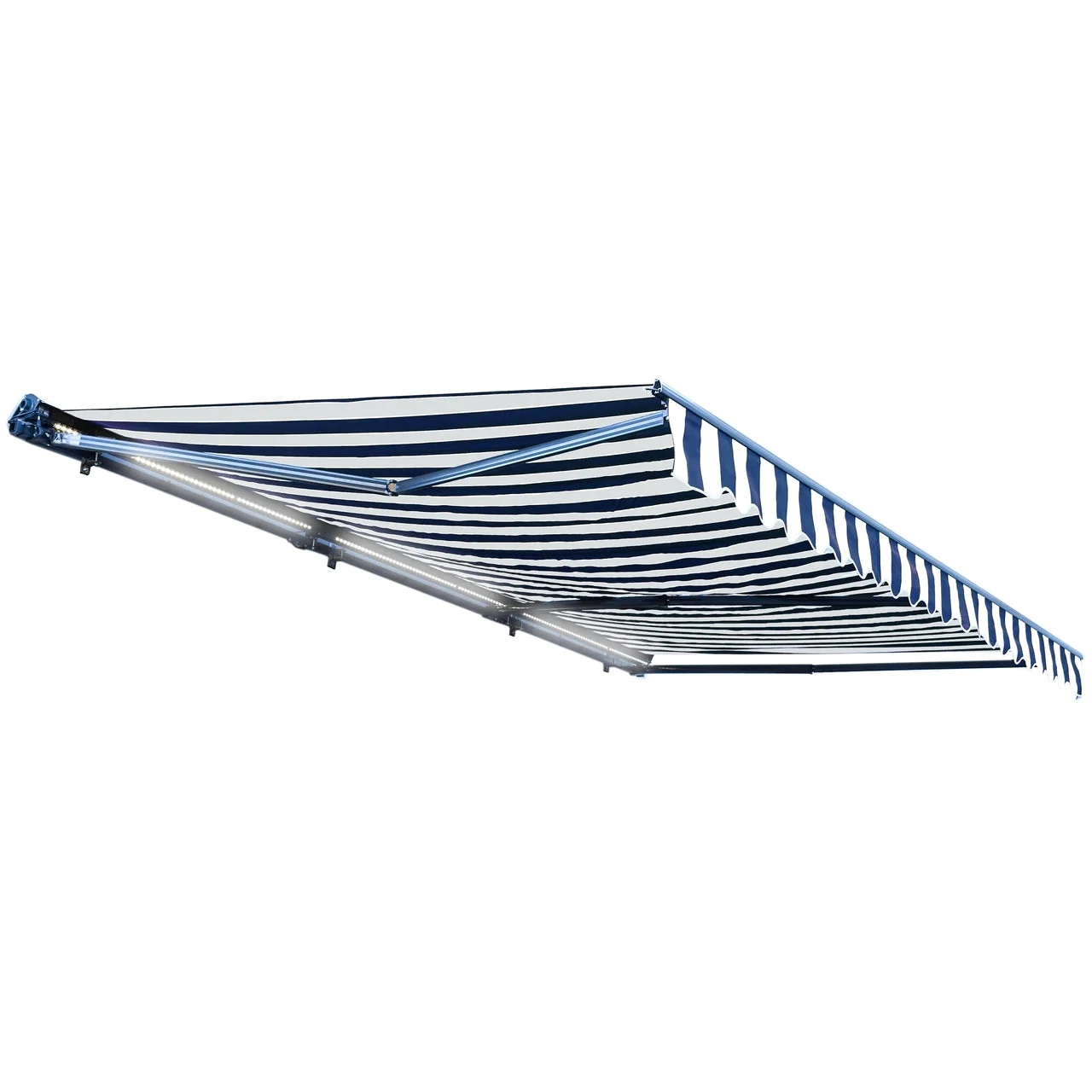 Aleko Half Cassette Motorized Retractable LED Luxury Patio Awning - 20 x 10 Feet - Blue and White Stripes