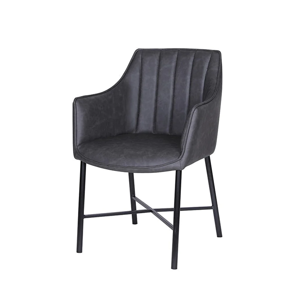 Black Steel Legs Armchair with Dark Gray Vinyl Seat & Stitched Back