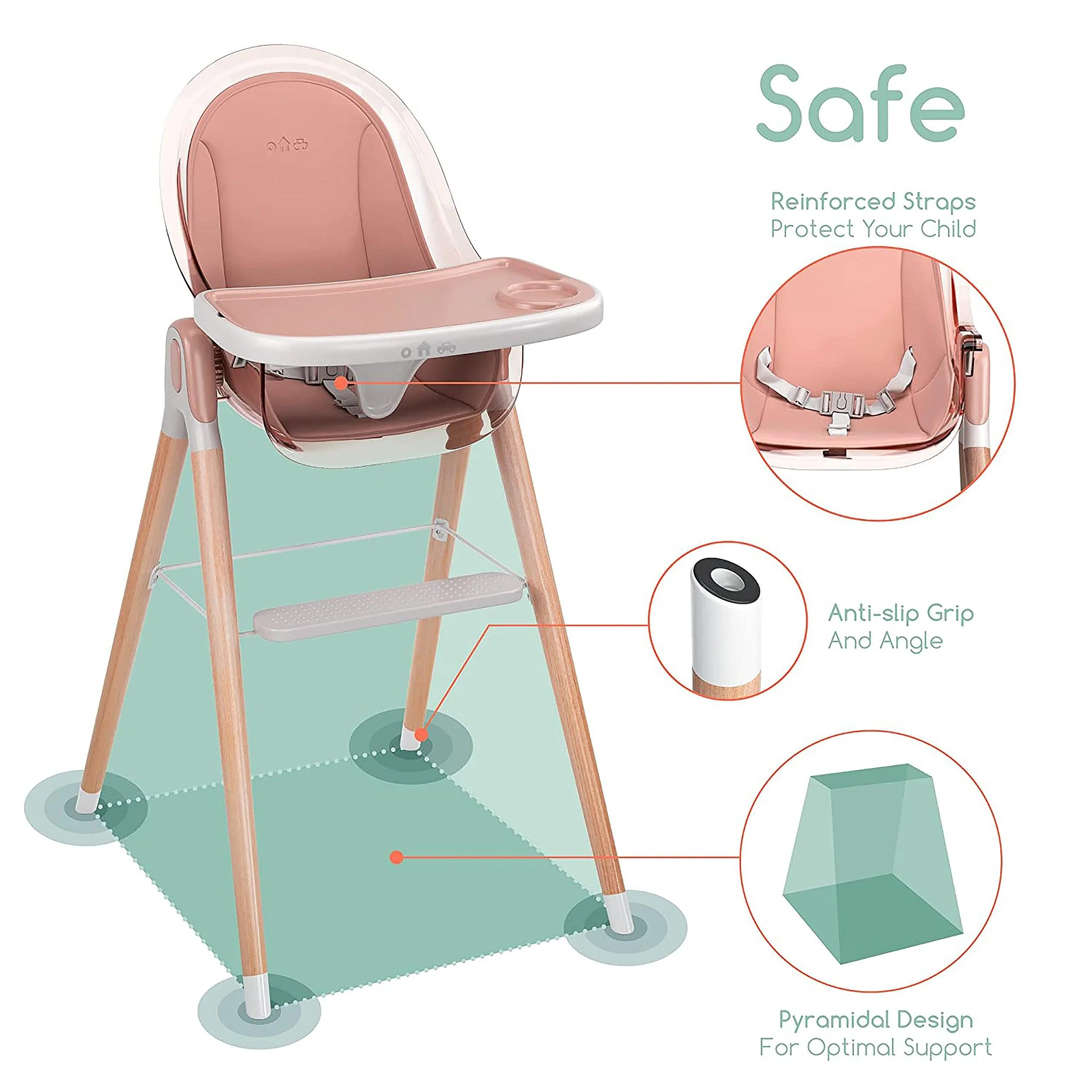 Children Of Design Non-Reclinable Classic Wooden High Chair with Cushion - Pink