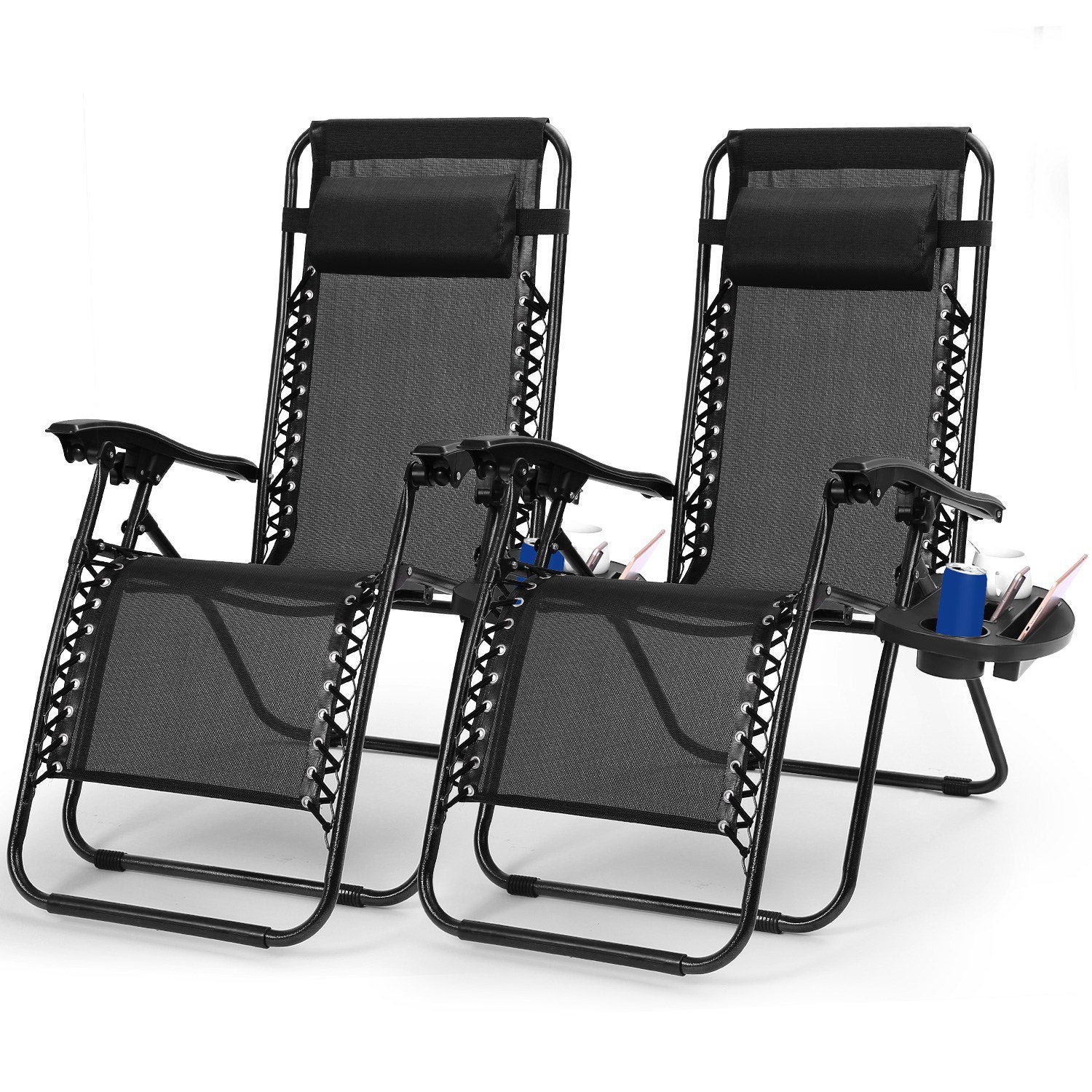2-Pack: Foldable Zero Gravity Lounge Chair with Dual Side Tray