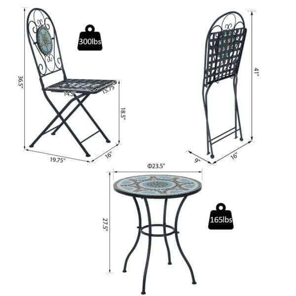 Outsunny 3pc Bistro Mosaic Set Dining Outdoor 2 Seater Folding Chairs