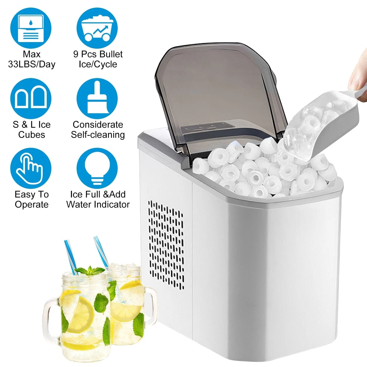 Electric Countertop Ice Make with Ice Scoop Basket Self Cleaning