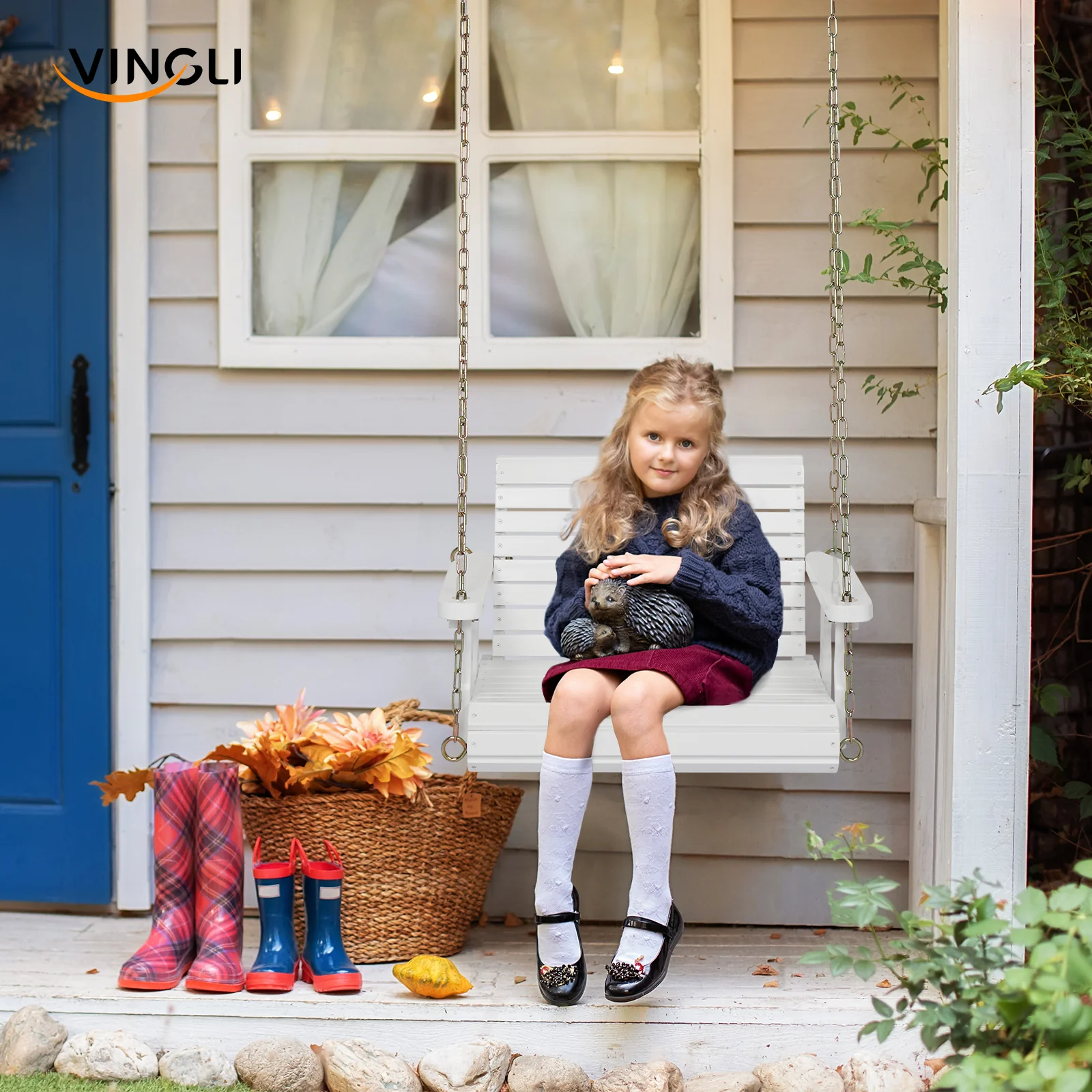 VINGLI 440 LBS Wooden Porch Swing 1-Person Outdoor Patio Swing