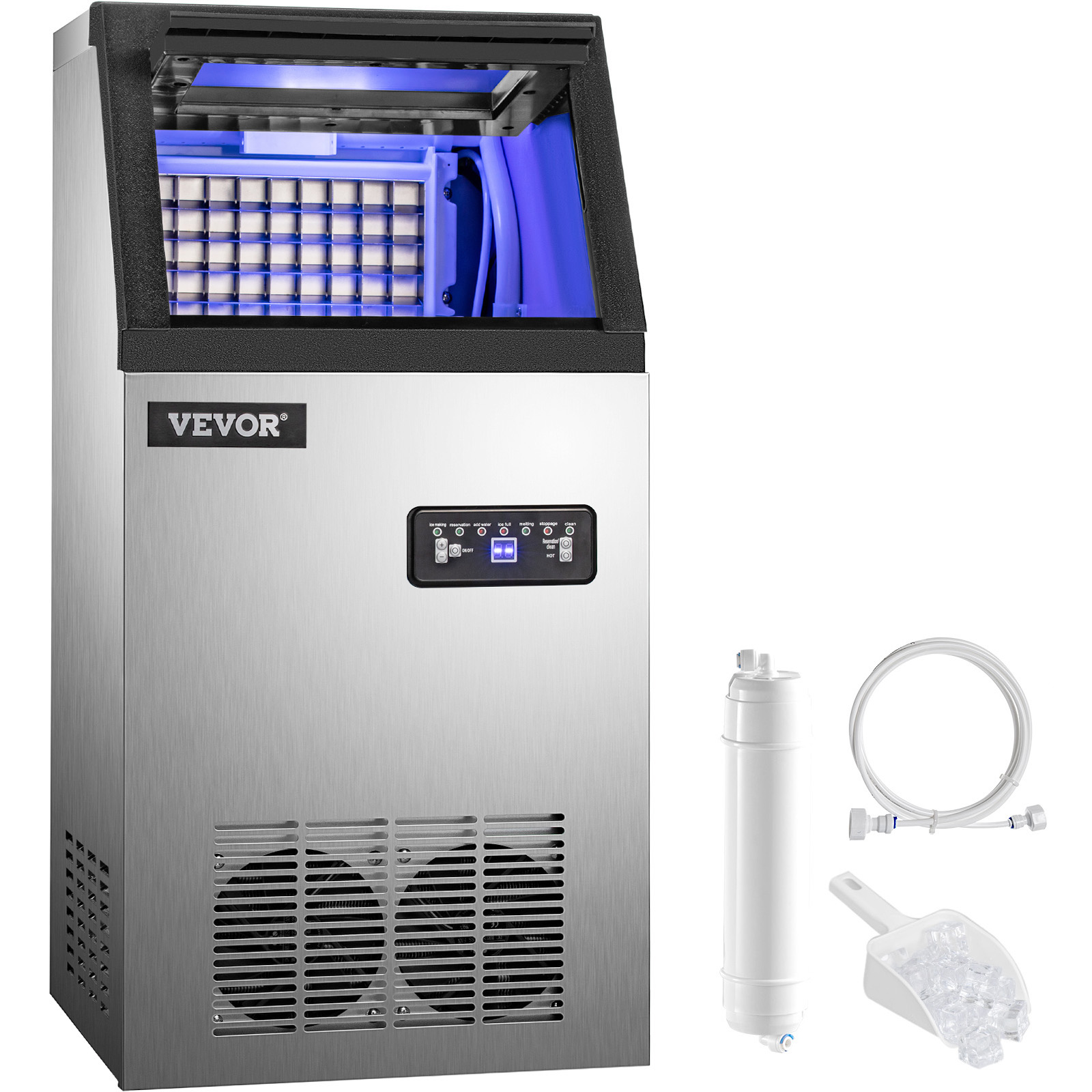 VEVOR 110V Commercial Ice Maker 120lbs/24h,Ice Machine with 22lbs Storage 5 x 9 Cubes Stainless Steel Auto Clean for Bar Home Supermarkets Includes Scoop and Connection Hose