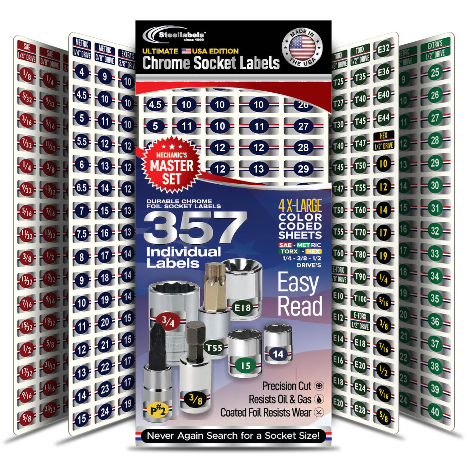 Ultimate Edition Mechanics Master Set - green edition - high quality chrome foil socket labels for Metric - Torx - SAE sockets, fits Craftsman, Snap On & Mac tools