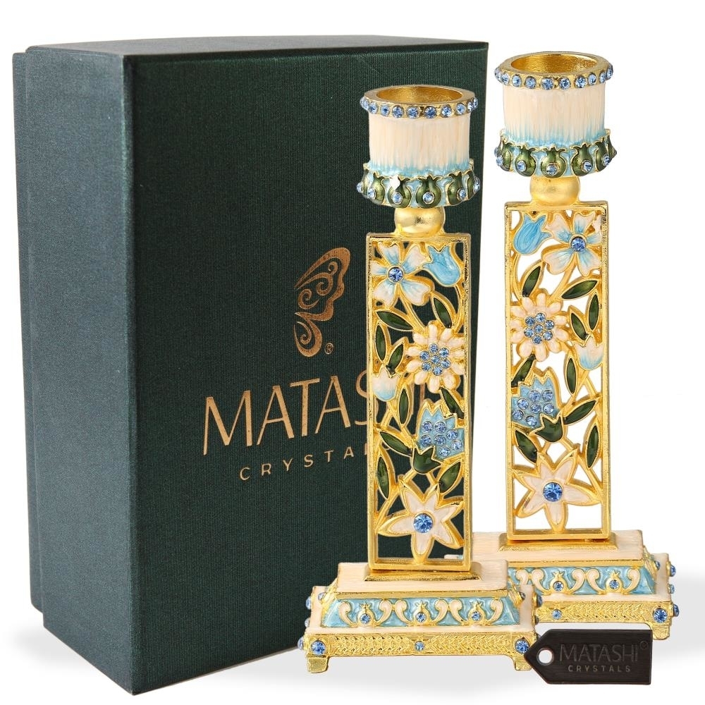 Shabbat Candlestick (2-Piece Set) Hand-Painted  Gold-Plated Pewter  Tall  Vintage Craftsmanship  Adorned w/ Blue Flowers